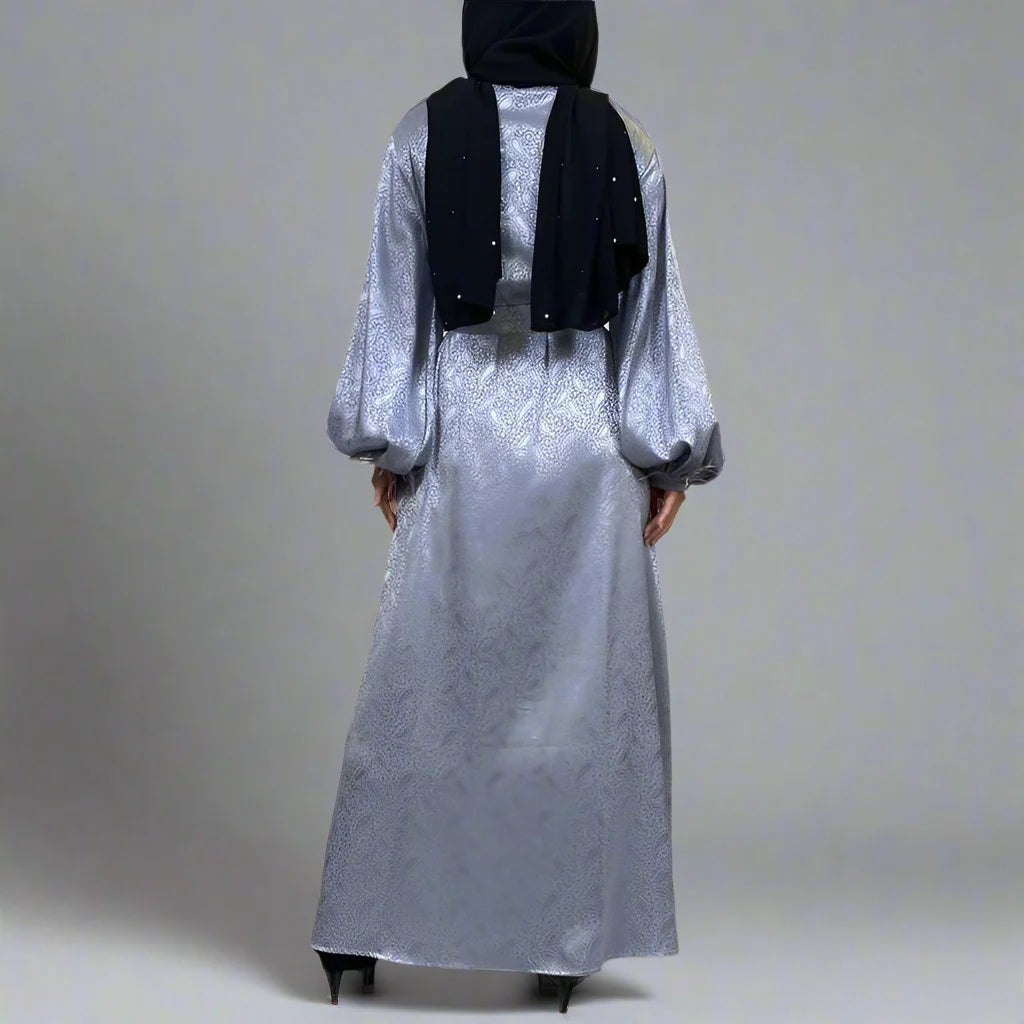 Elegant Muslim Women's Printed Satin Open Abaya Cardigan Dress with Feather Puff Sleeves - Perfect for Prayer, Mosque Visits & Special Occasions