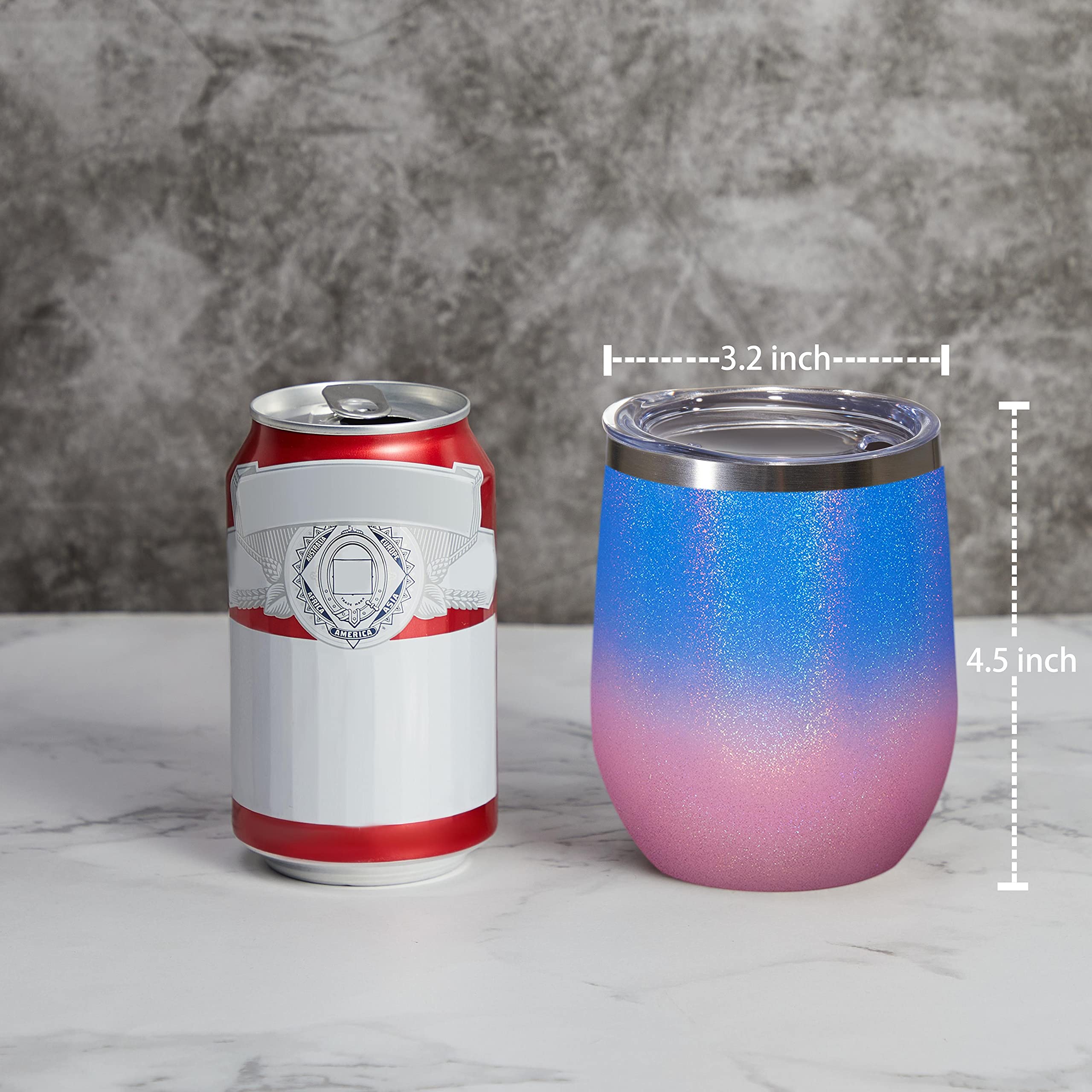 MEWAY 12oz/16 Pack Stainless Steel Wine Tumblers with Lid - Double Wall Vacuum Insulated Glitter Cups for Hot & Cold Drinks - Stemless Coffee Tumblers for Women, Parties, Picnics & Office Use (Gradient Pink, Set of 16)