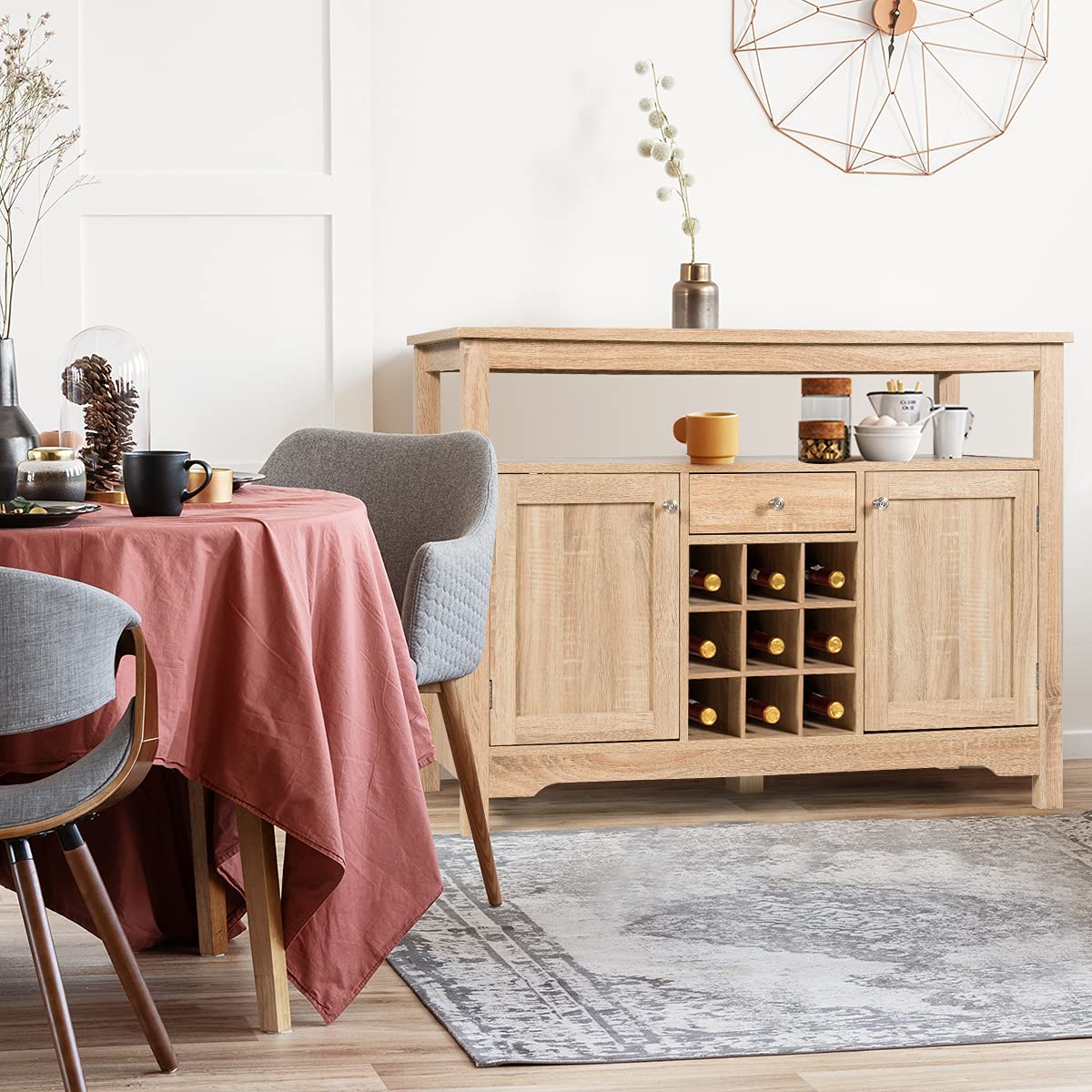 PETSITE Sideboard Buffet Cabinet with Storage - Wine Rack, Open Shelf, 2 Cabinets & Drawer - Wood Accent Coffee Bar Station Console Table for Kitchen, Living Room, Entryway - Perfect for Home Decor, Dining Room Storage & Entertainment Serving