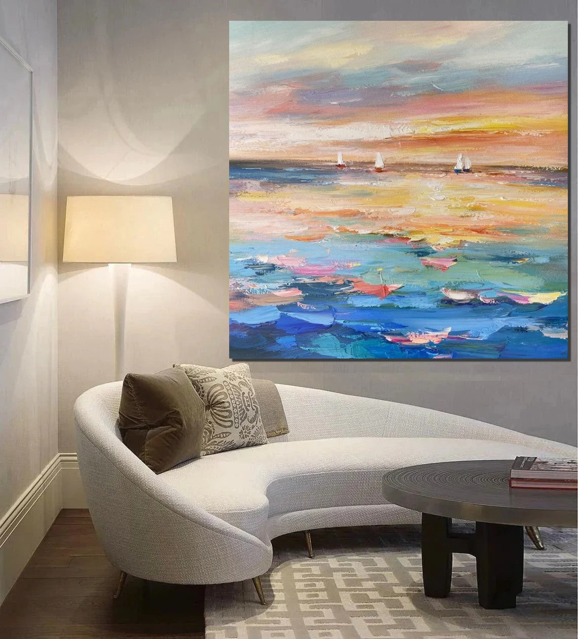 Abstract Landscape Wall Art - Sail Boat at Sea Contemporary Modern Canvas Painting for Bedroom Decor | Hand Painted Large Wall Artwork | Perfect for Living Room, Office & Home Interior Design