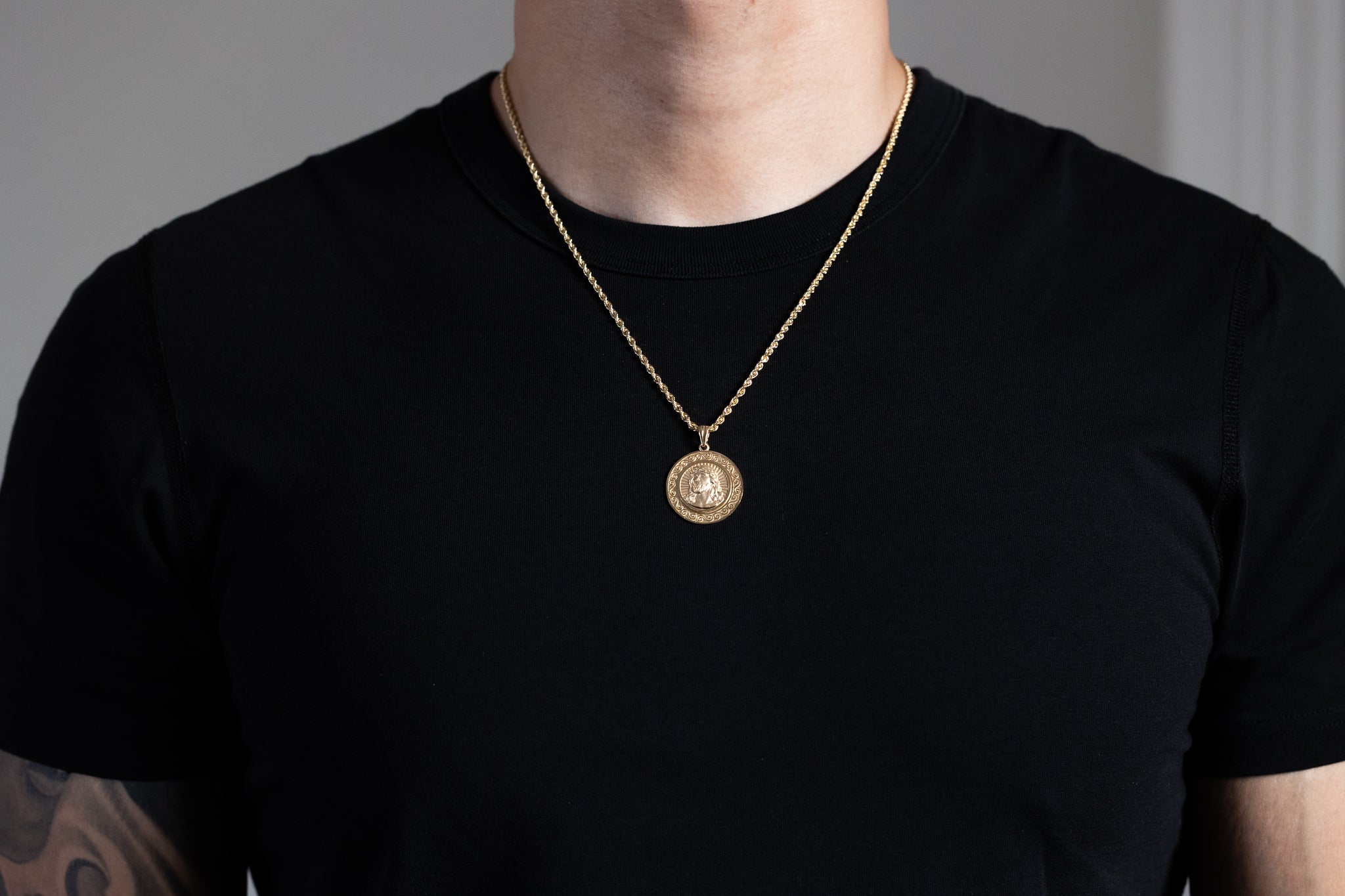 Gold Large Round Medal Jesus Pendant PT3235 - Religious Jewelry for Men & Women - Perfect for Baptism, Confirmation & Faith-Based Gifts