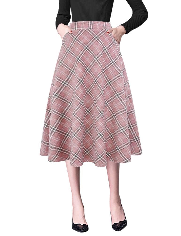 IDEALSANXUN Women's High Waist A-Line Pleated Wool Midi Skirt - Elegant Winter Office Wear & Casual Outfit for Fall and Winter Seasons