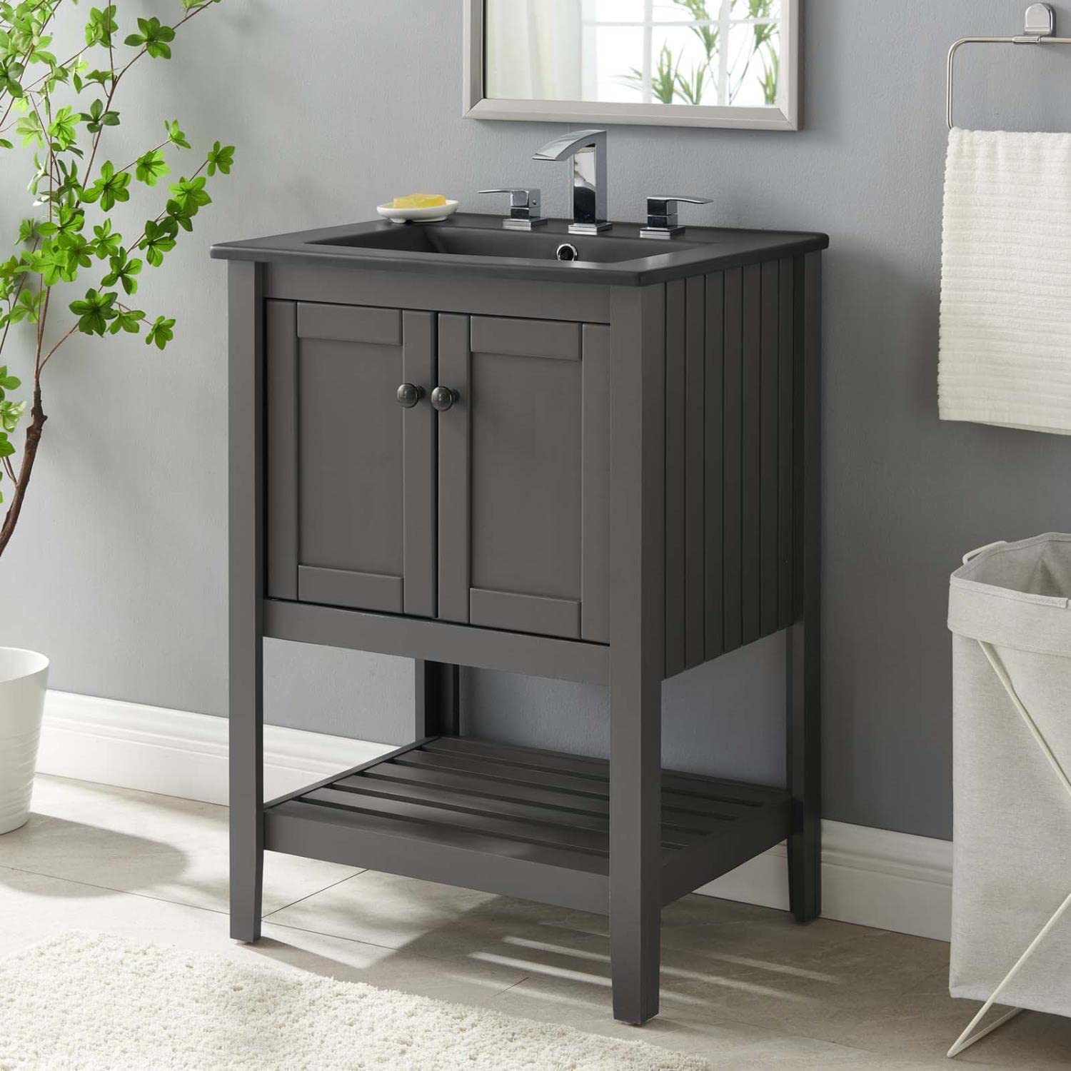 Modway Prestige 24 Inch Gray Black Bathroom Vanity with Sink - Modern Space-Saving Storage Solution for Small Bathrooms & Powder Rooms