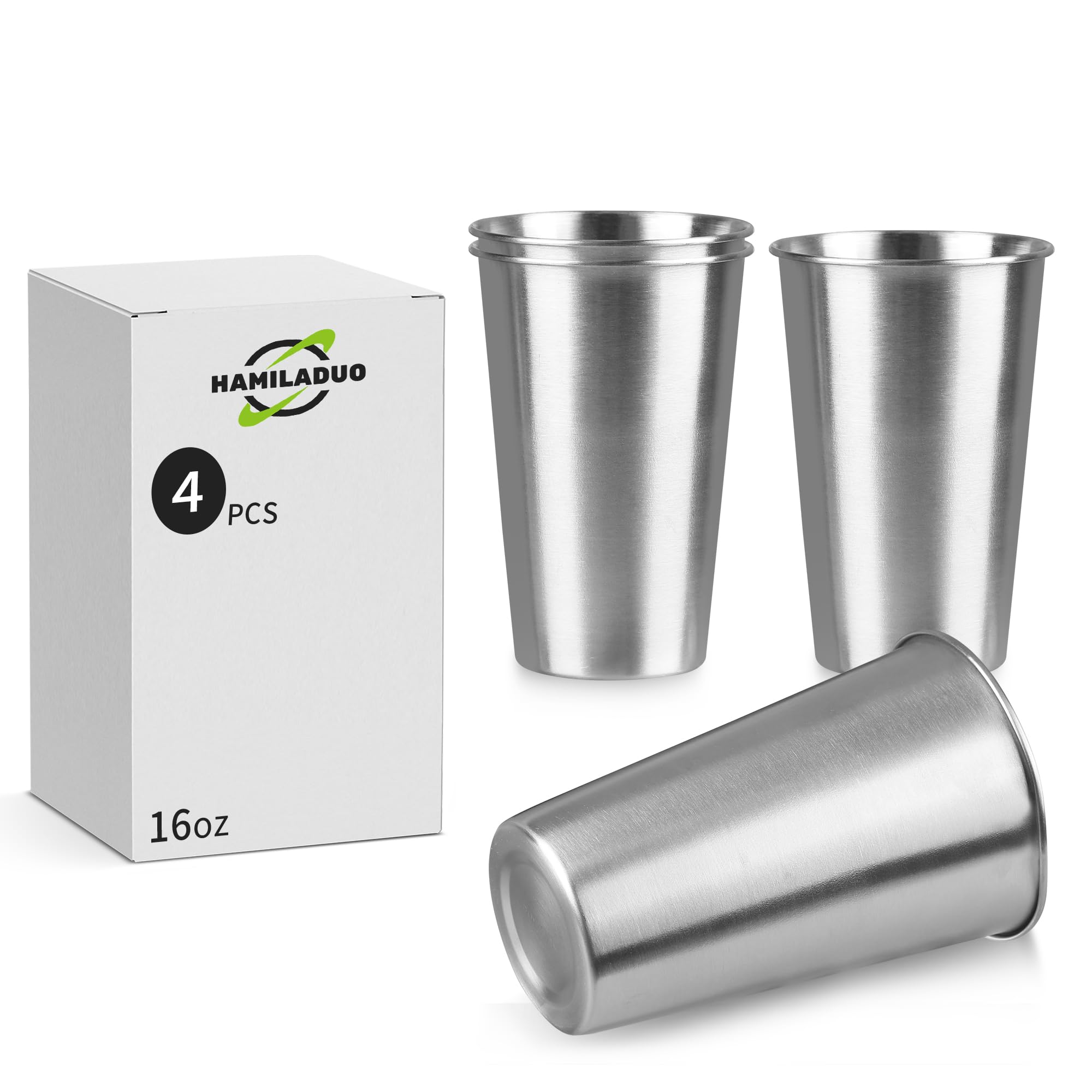 4-Pack 16 oz Stainless Steel Pint Cups - Stackable, Reusable, BPA-Free Drinking Glasses for Beer, Cocktails, Iced Coffee & Outdoor Camping