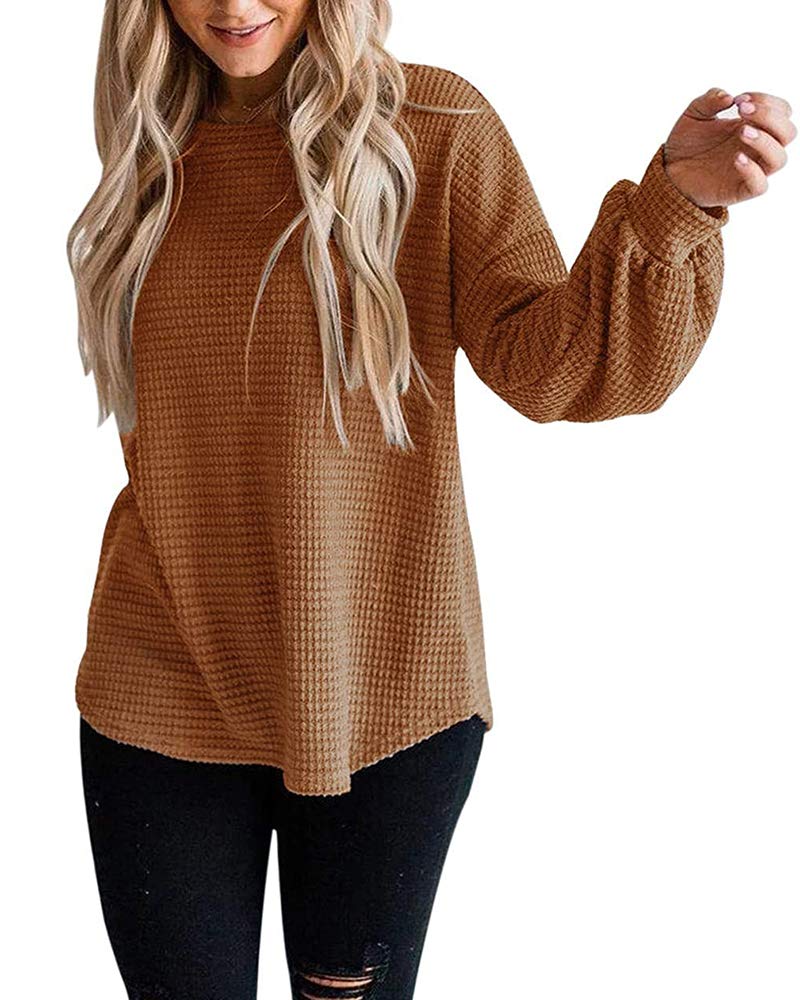 Women's Oversized Waffle Knit Sweatshirt - Long Puff Sleeve Drop Shoulder Lightweight Pullover Sweater for Casual Wear, Loungewear & Fall Fashion