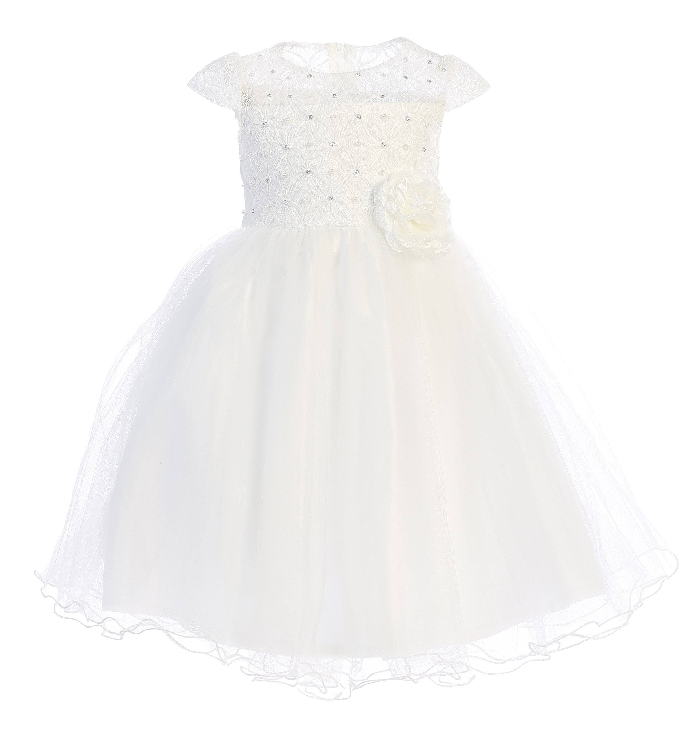 Blossom Corded Lace and Tulle Flower Girl Dress - Ivory and White - Perfect for Weddings, Baptisms, and Special Occasions