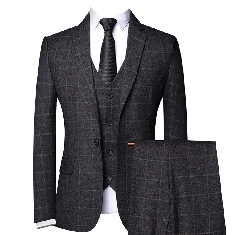 Men's Slim Fit 3-Piece Plaid Suit Set - 1 Button Formal Blazer, Vest & Pants | Business Attire, Wedding & Office Wear
