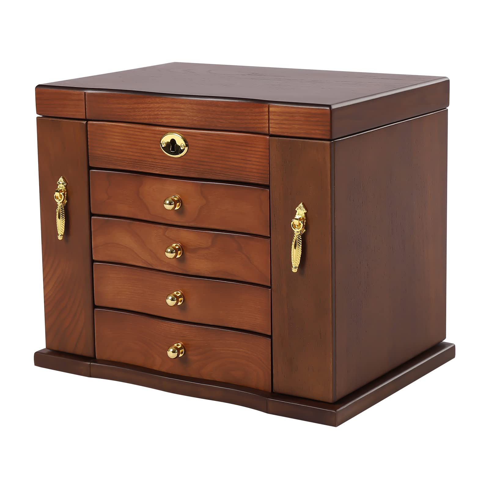 Large Wooden Jewelry Box with Mirror & Lock - 5-Tier Jewelry Organizer for Necklaces, Rings, Watches - Perfect for Women's Bedroom Vanity, Travel & Gift Giving