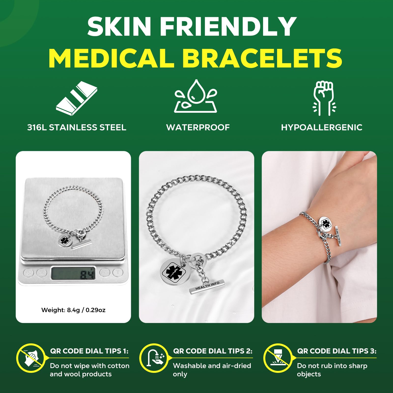 Upgraded QR Code Medical ID Bracelet for Women - Adjustable 7-9 Inch Sterling Silver Chain Link - Save & Update Emergency Medical Info Easily - Perfect for Allergies, Diabetes & Emergency Situations