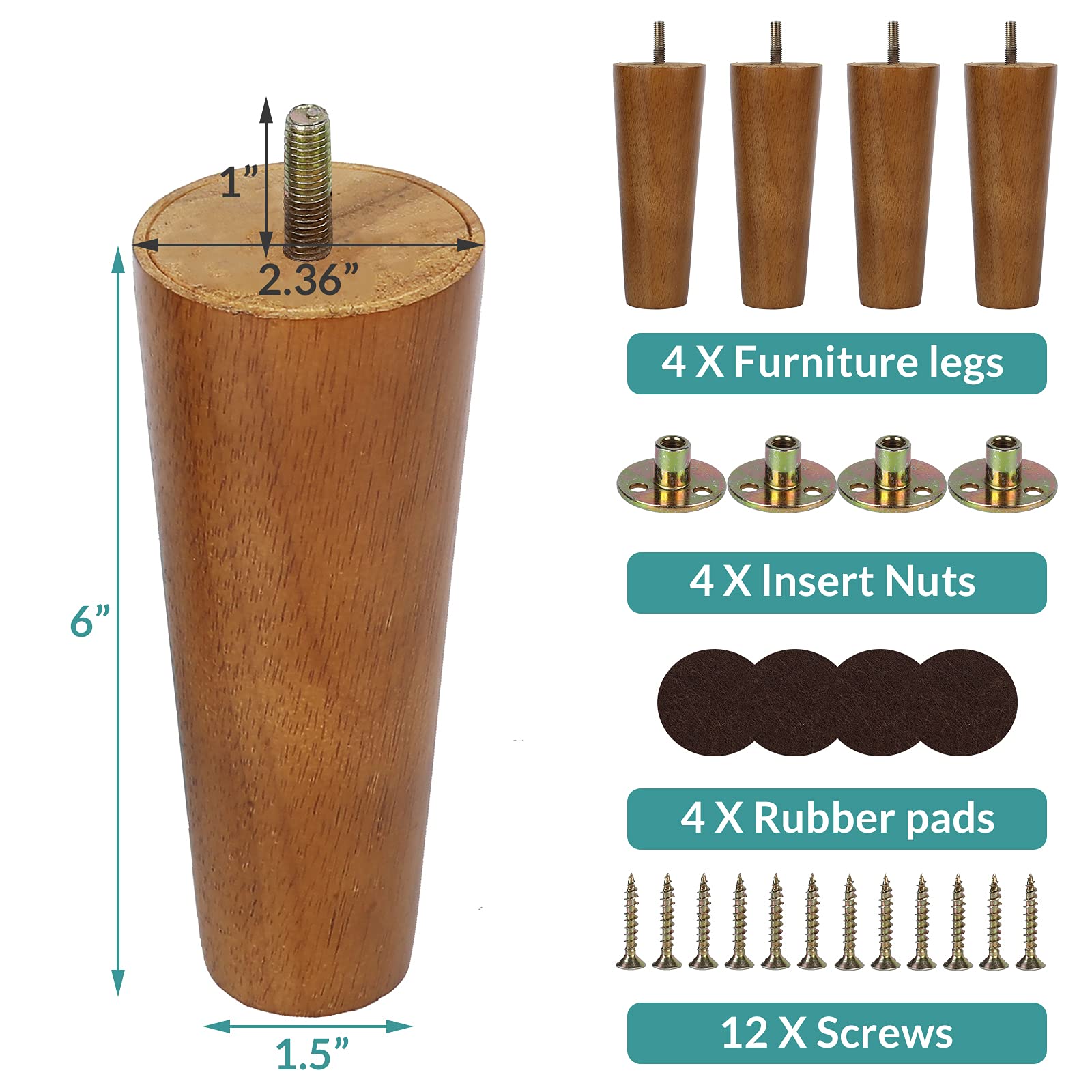 MEETWARM 6 Inch Round Tapered Wood Sofa Legs - Set of 4 Mid-Century Modern Replacement Furniture Legs for Couch, Armchair, Nightstand, Dresser, Cabinet - Walnut Finish - Perfect for Living Room, Bedroom & Home Office Decor