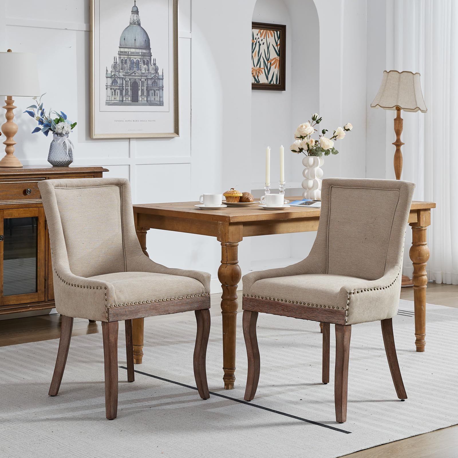 Modern Dining Chairs Set of 2 - High Back Upholstered Fabric Side Chairs with Solid Wood Legs for Dining Room & Kitchen - Comfortable Beige Seating for Family Meals, Dinner Parties & Home Decor