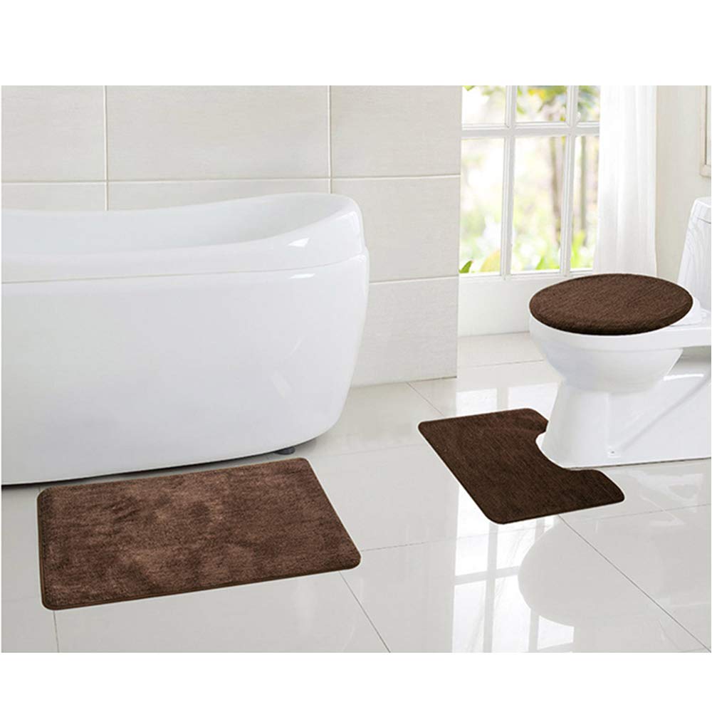 Non-Slip 3-Piece Bathroom Rug Set - Soft Absorbent Bath Mats with U-Shaped Toilet Mat & Lid Cover for Tub, Shower (Brown) | Perfect for Modern Bathrooms & Spa-Like Comfort
