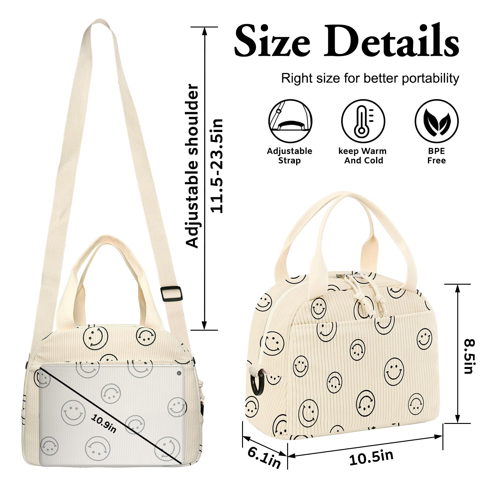 Insulated Reusable Lunch Bag for Women & Men - Large Corduroy Lunch Box with Shoulder Strap, Cute Smiley Tote Bag for Work, Office, School, Picnic & Outdoor Activities | Eco-Friendly Cooler Lunch Case