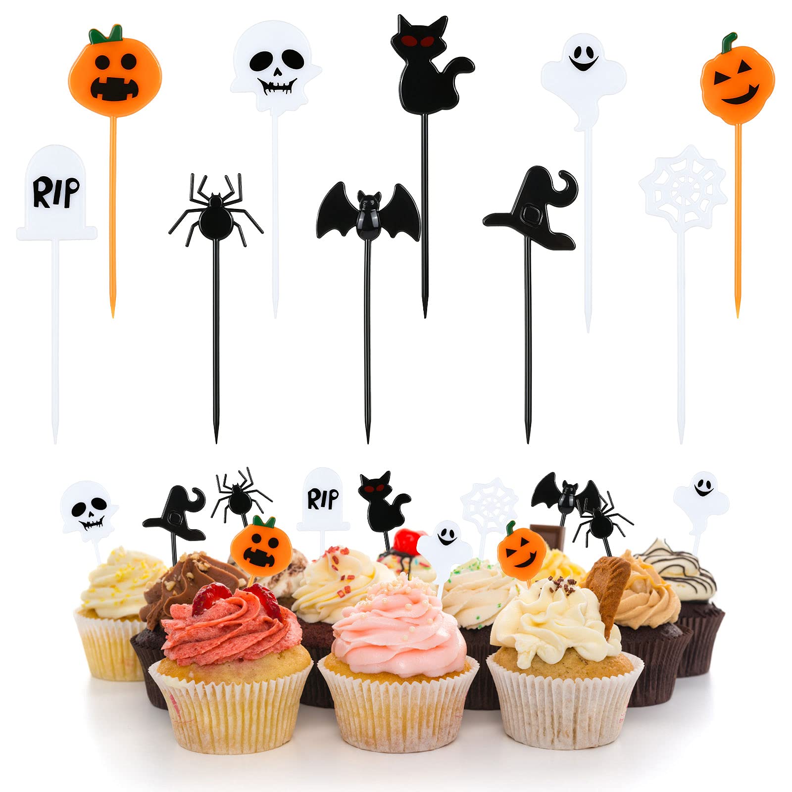 100PCS Halloween Plastic Food Picks - Cocktail Appetizer Toothpicks & Cupcake Toppers for Halloween, Baby Shower, Birthday, Wedding Party Decorations | Perfect for Cake Decor, Dessert Buffets & Holiday Celebrations