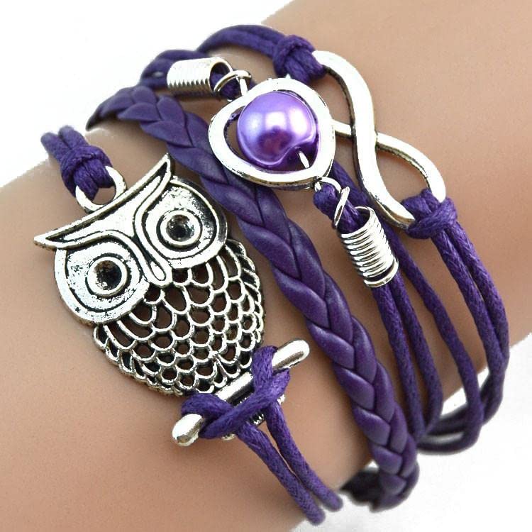 Zhenlik Women's Multilayer Woven Bracelet with Owl Charm, Pearl & Infinity Symbol - Stylish Leather & Alloy Friendship Bracelet for Girls (Red, 1PC) - Perfect for Gifts, Parties & Everyday Wear