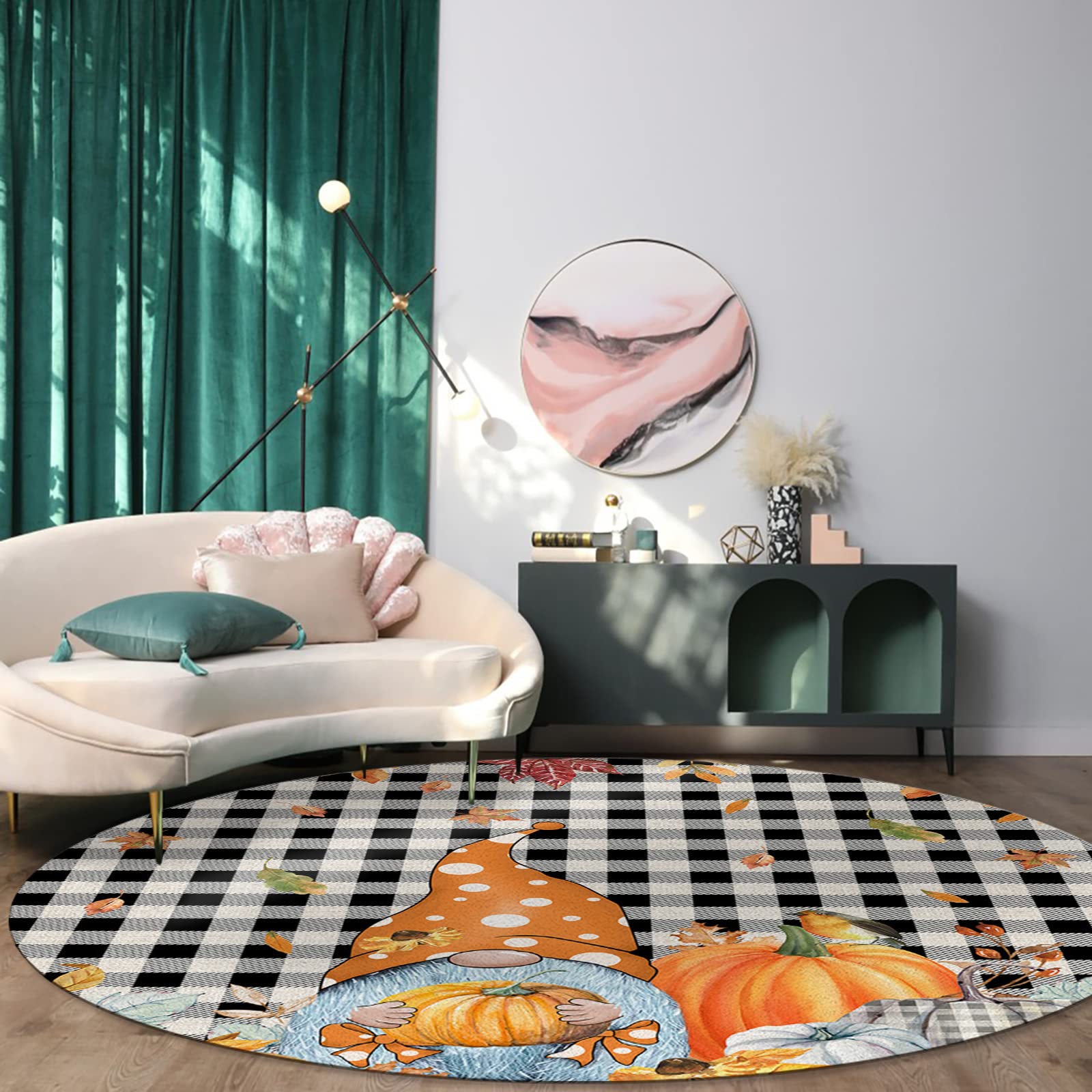 6ft Thanksgiving Round Washable Area Rug - Indoor Carpet for Bedroom, Kitchen, Bathroom, Living Room, Dining Room, Laundry Room & Office - Large Door Mat with Gnomes, Pumpkins, Leaves & Plaid Design - Perfect for Fall Decor, Home Warming Gifts & Holiday Gatherings