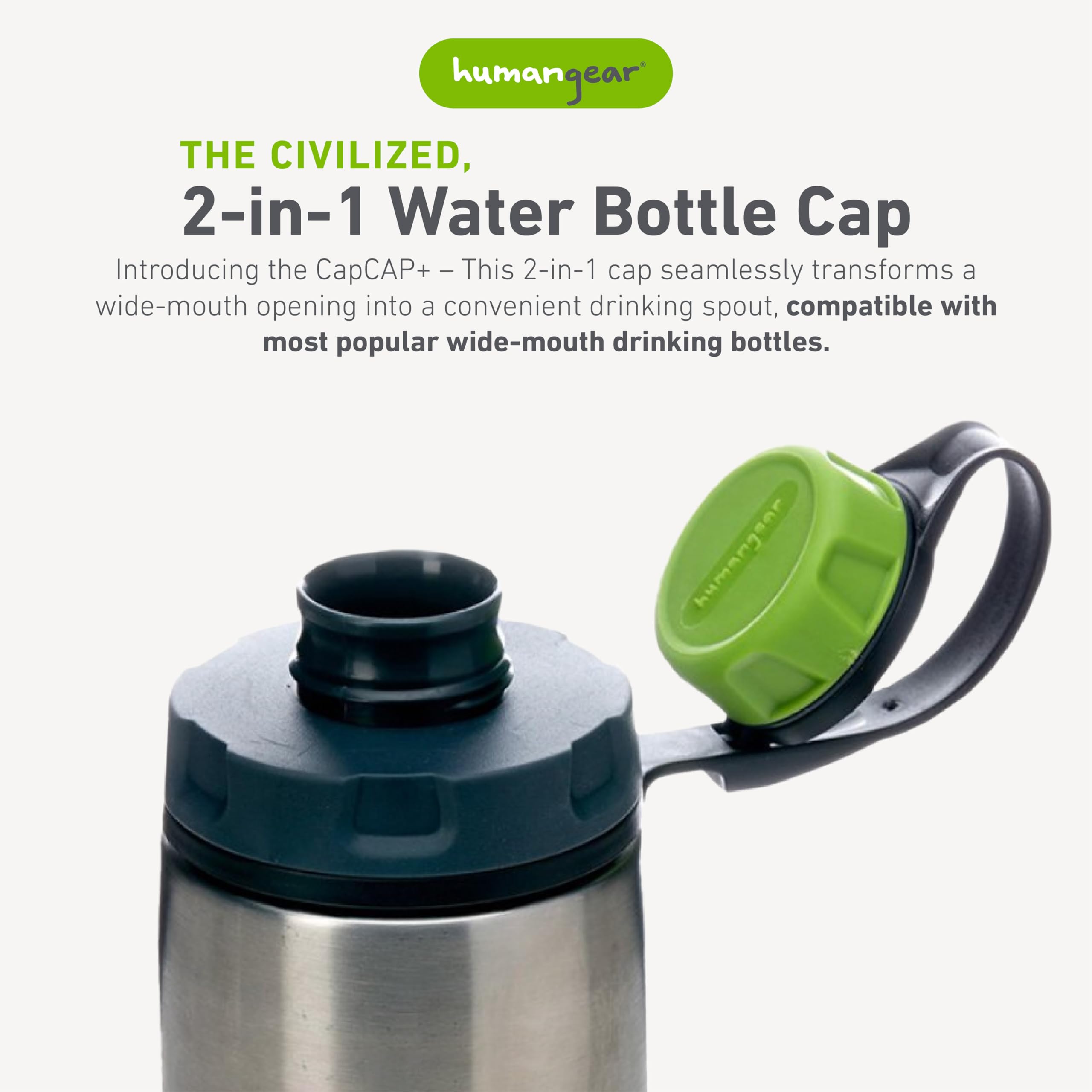 humangear CapCAP+ - Leak-Proof Wide Mouth Bottle Cap Converter | BPA-Free Food Safe Silicone | Easy Open & Secure Seal | Perfect for Hydration, Travel & Outdoor Activities