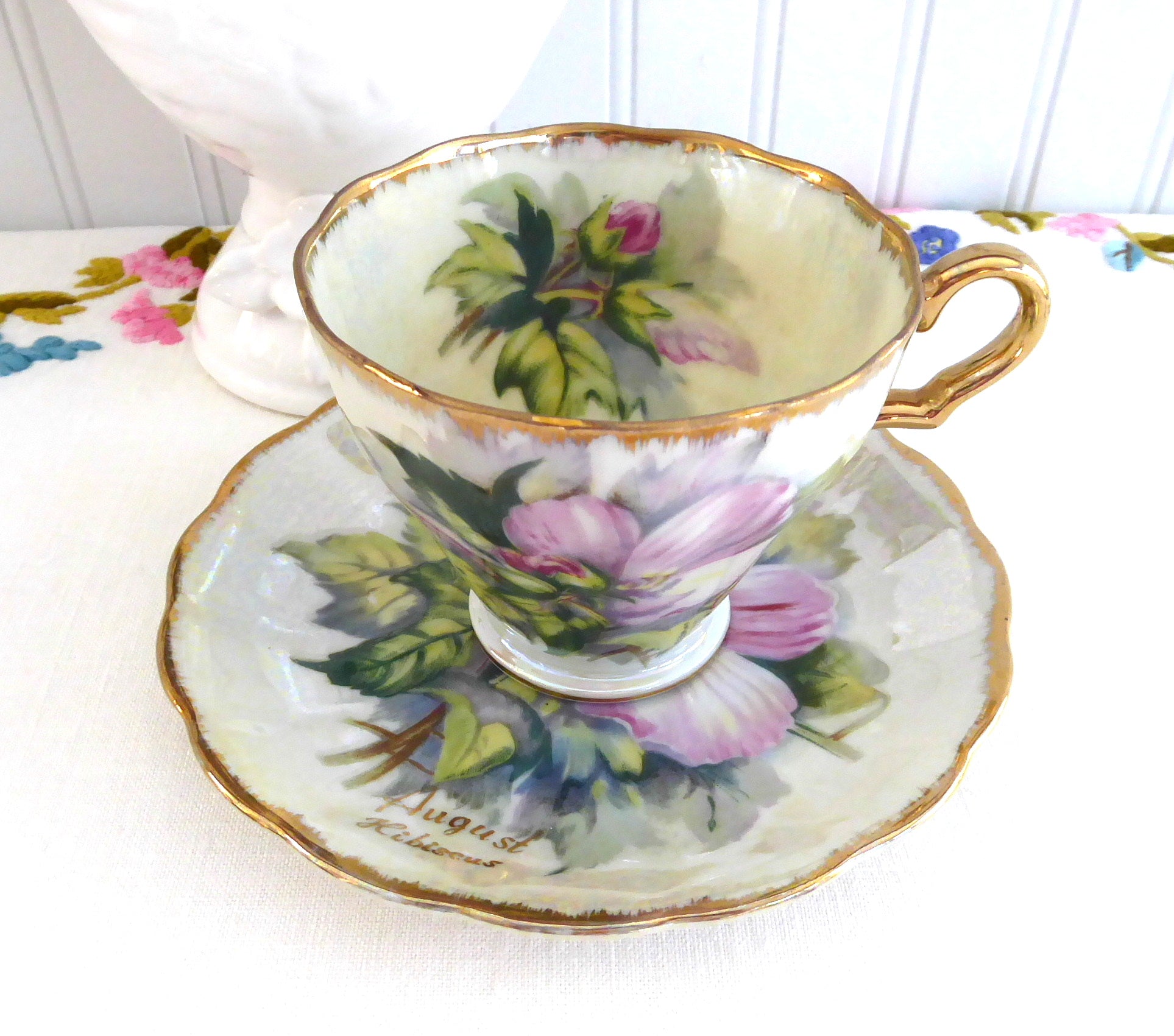 Vintage Japanese Luster Hibiscus Hand Painted Tea Cup and Saucer Set - 1950s August Collection - Perfect for Afternoon Tea, Collectors & Home Decor