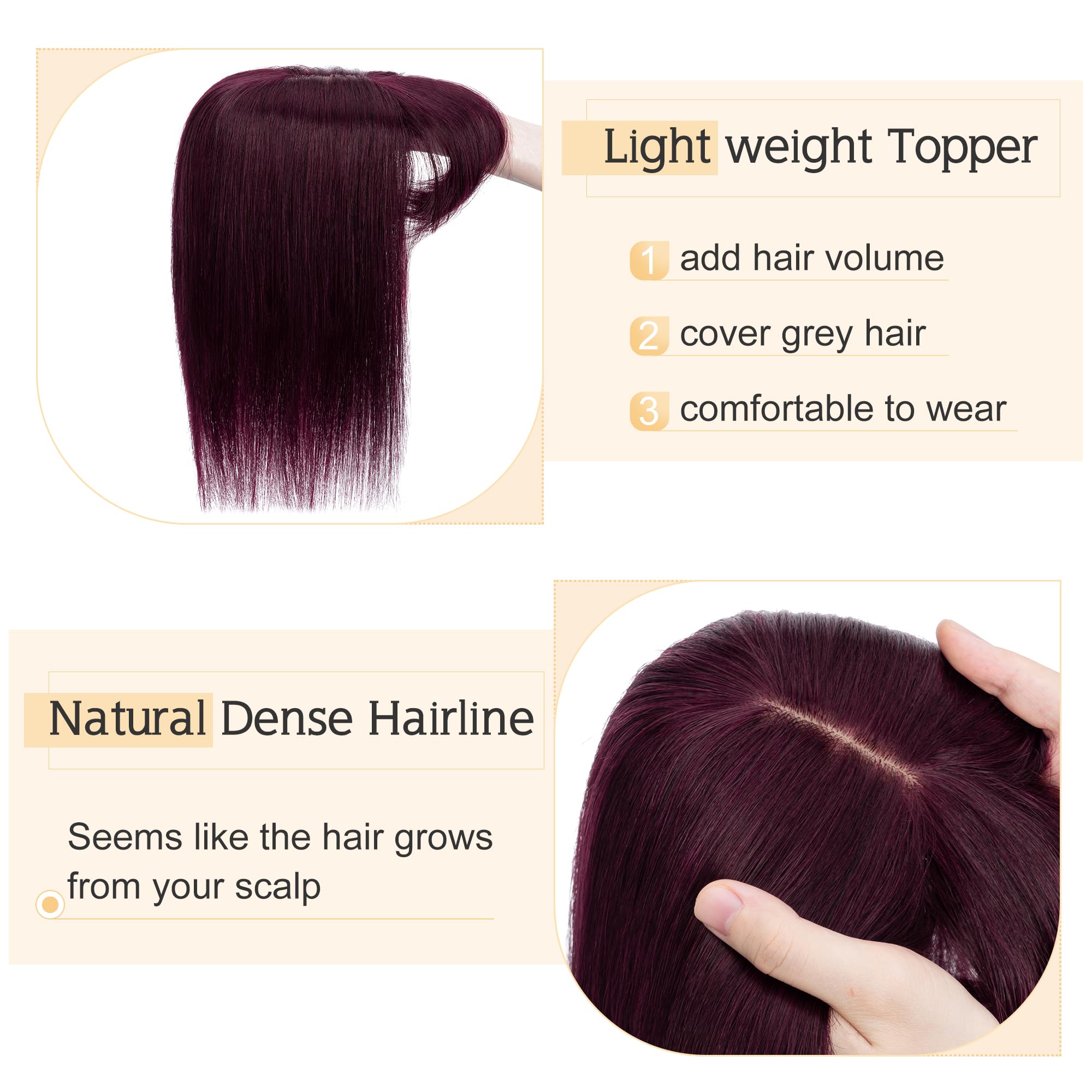 SEGO 12 Inch Wine Red Human Hair Toppers for Women with Bangs - 7x13cm Silk Base Clip-in Top Wiglet for Thinning Hair | 100% Remy Human Hair | Perfect for Daily Wear, Parties & Special Occasions