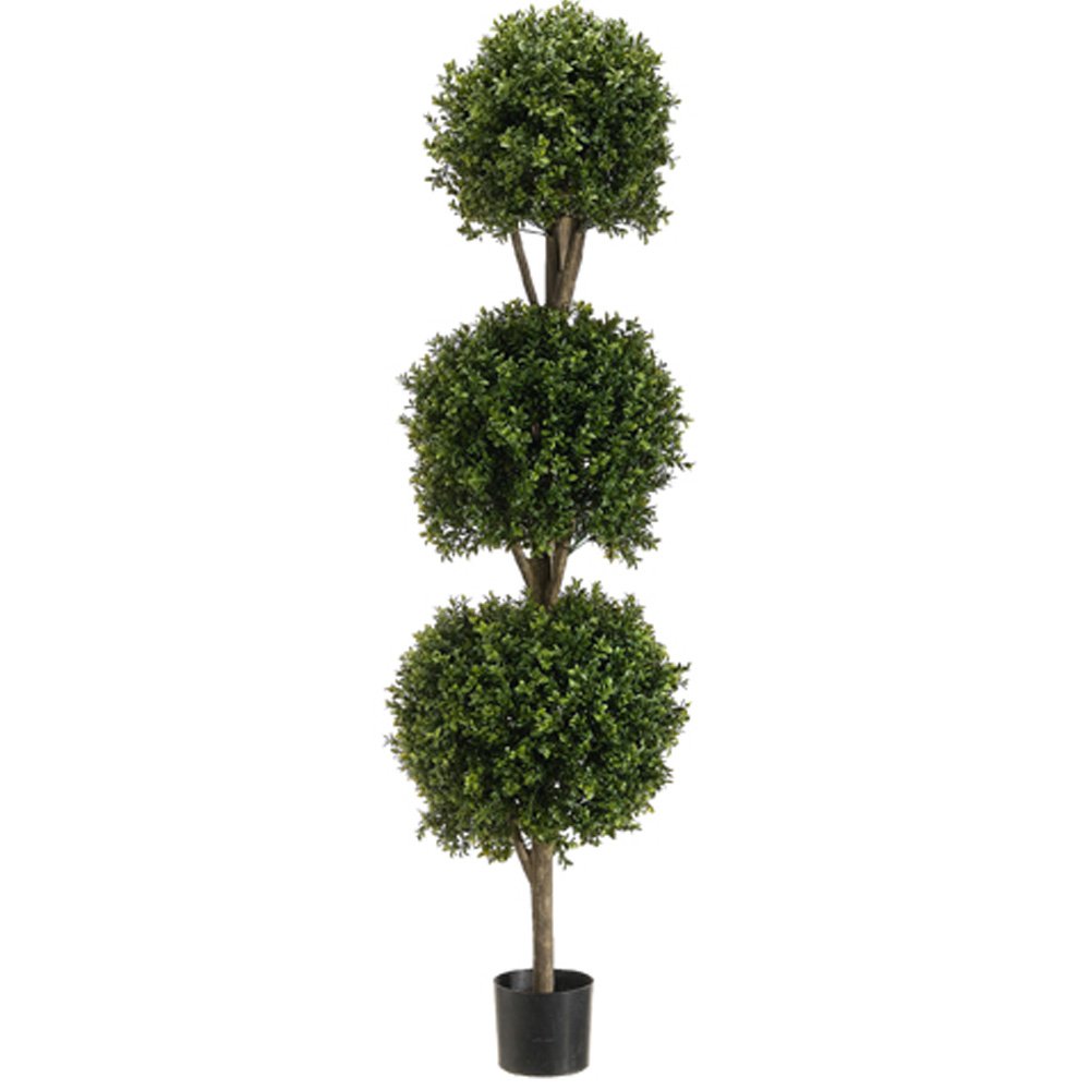 5' Triple Ball-Shaped Boxwood Topiary Artificial Plant in Plastic Pot - Two-Tone Green Faux Hedge for Home Decor, Office, Garden & Wedding Centerpieces