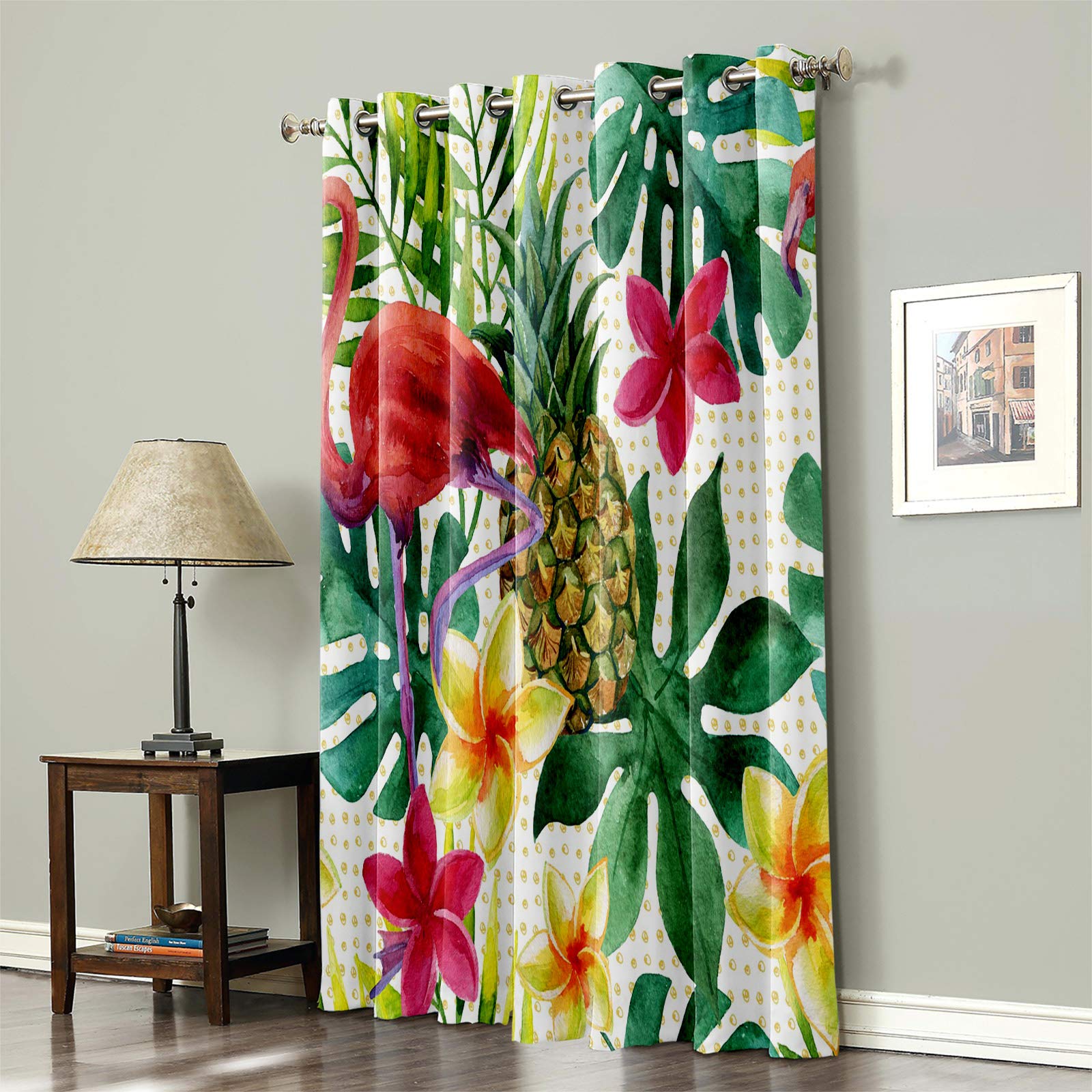 Blackout Curtains for Bedroom - 54x52 Inch Red Flamingo Fruits Pineapple & Tropical Plants Grommet Window Curtains - Ultra Soft Room Darkening Curtains for Home Decor, Wall Decor - Perfect for Nursery, Living Room & Home Theater