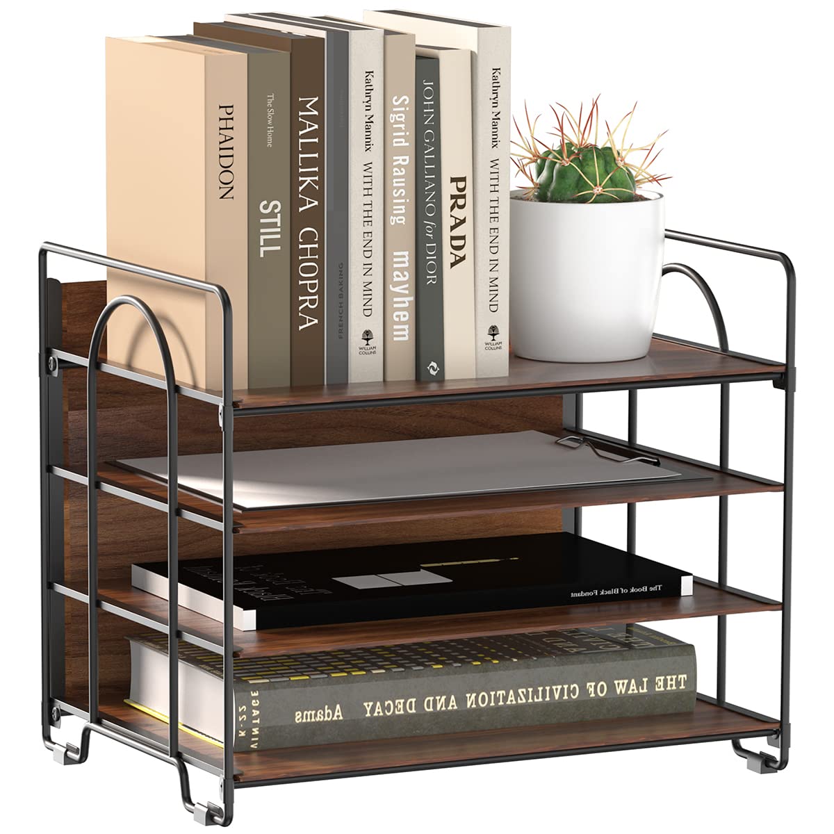 LUCYCAZ 4-Tier Wood and Metal Paper Organizer for Desk - Black File Tray for Office, Home & School Use - Perfect for Bills, Documents, Notebooks and Mail Organization