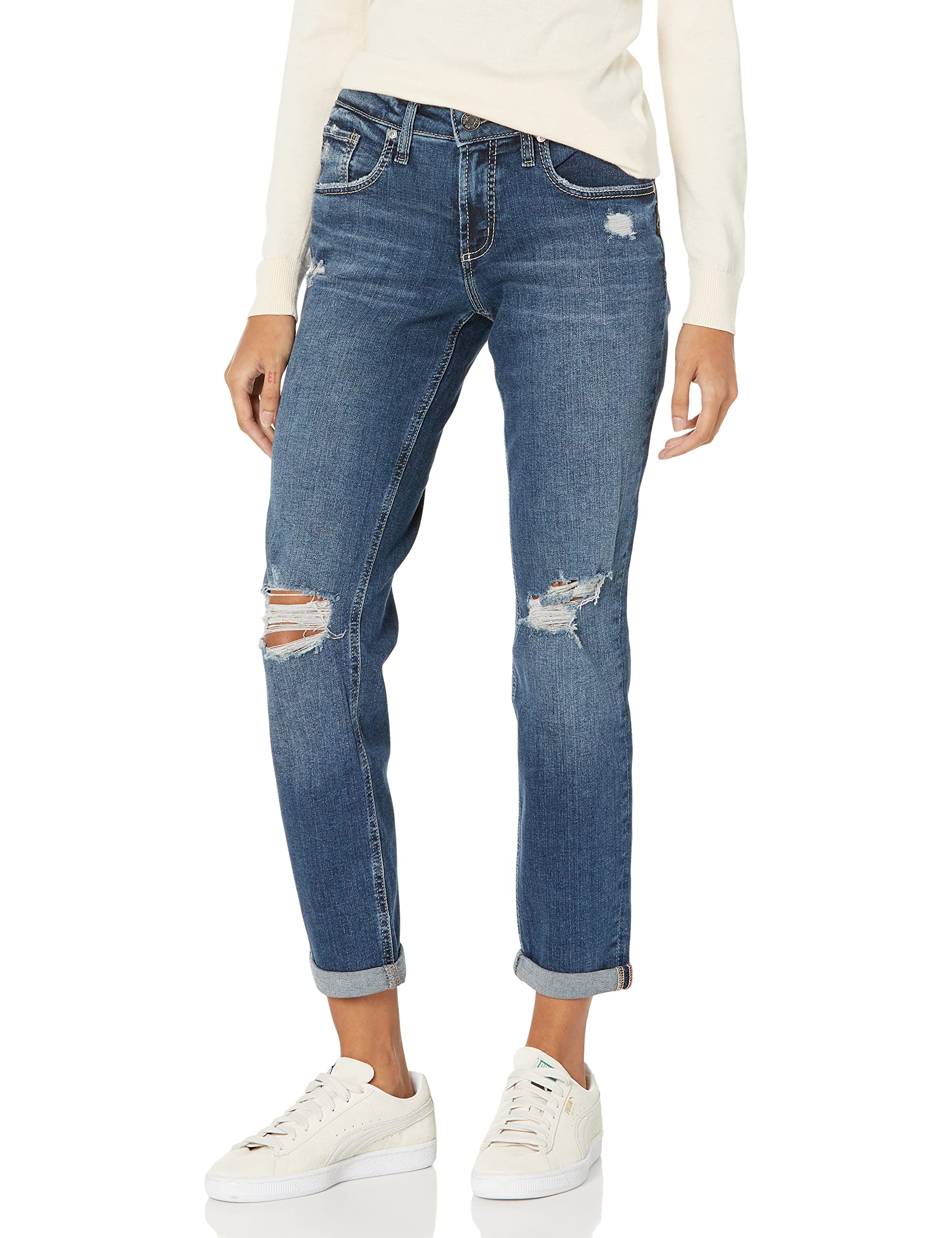 Silver Jeans Co. Women's Boyfriend Mid Rise Slim Leg Jeans - Comfortable Stretch Denim Pants for Casual Wear & Everyday Outfits