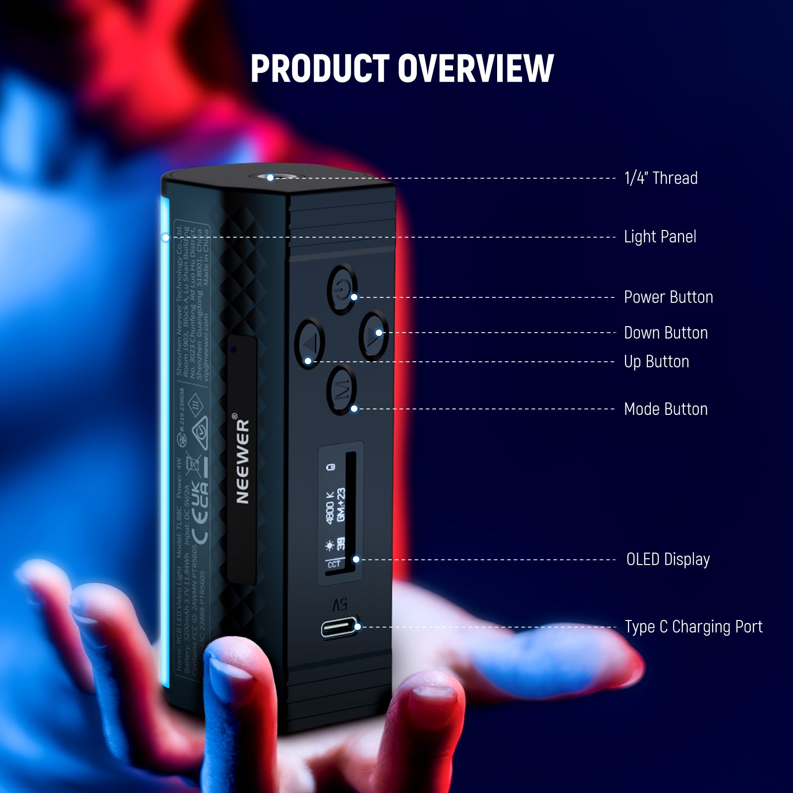 NEEWER TL98C Magnetic Handheld LED Light Wand - APP & DMX Control, RGBWW Color Changing Photography Lighting for YouTube Videos, TikTok Content Creation, Live Streaming, and Studio Photography