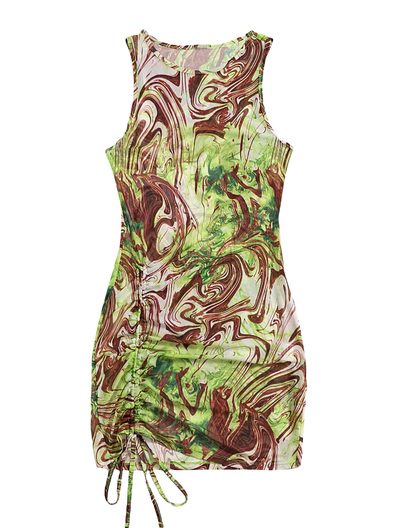 SheIn Women's Tie Dye Ruched Bodycon Mini Dress - Sleeveless Pencil Dress with Drawstring for Night Out, Party & Summer Vacation