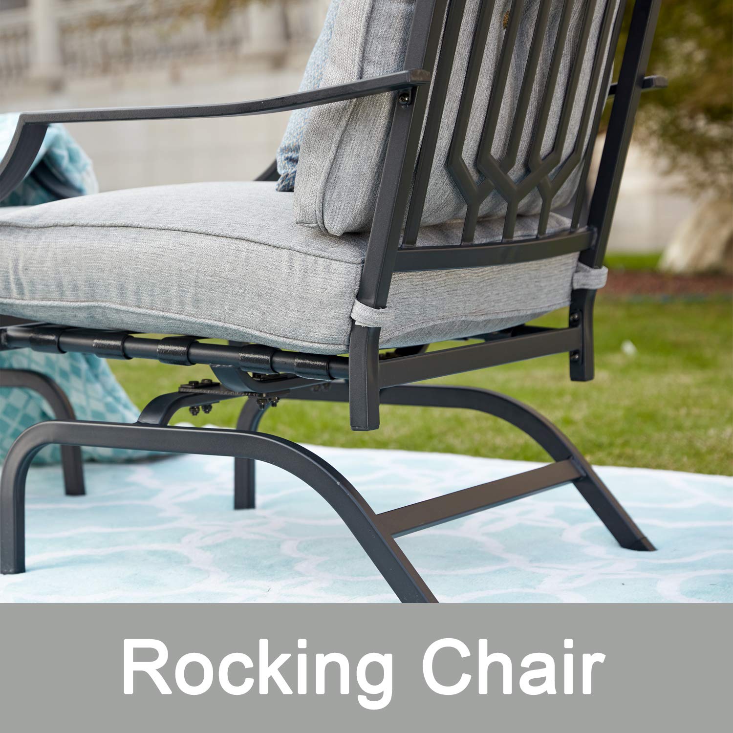 Premium Black Metal Rocking Patio Chairs with Padded Cushion - Outdoor Spring Motion Dining Set for Porch, Garden & Balcony | Durable Bistro Furniture for Relaxing & Entertaining Guests