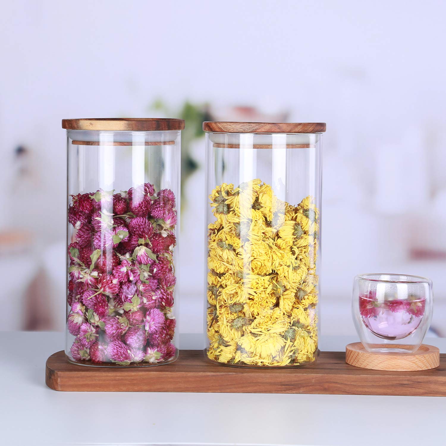 KKC HOME ACCENTS Airtight Glass Tea Canisters with Wood Lids - 39 Fl oz Loose Leaf Tea Storage Containers - Perfect for Kitchen Pantry Organization & Tea Collection Display