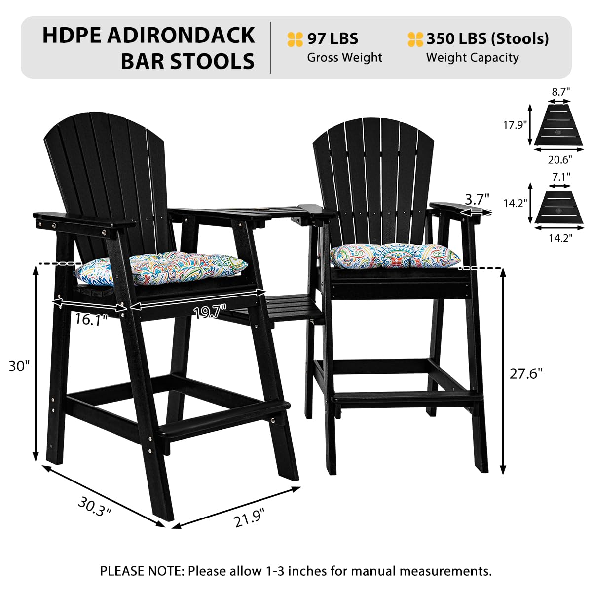 Premium Outdoor Adirondack Chairs Set of 2 with Side Table - HDPE Patio Bar Height Dining Set (3-Piece) - Counter Height Bistro Pub Table with Stools - Includes 2 Umbrella Hole Covers (Black) - Perfect for Backyard, Deck, Garden & Poolside Relaxation