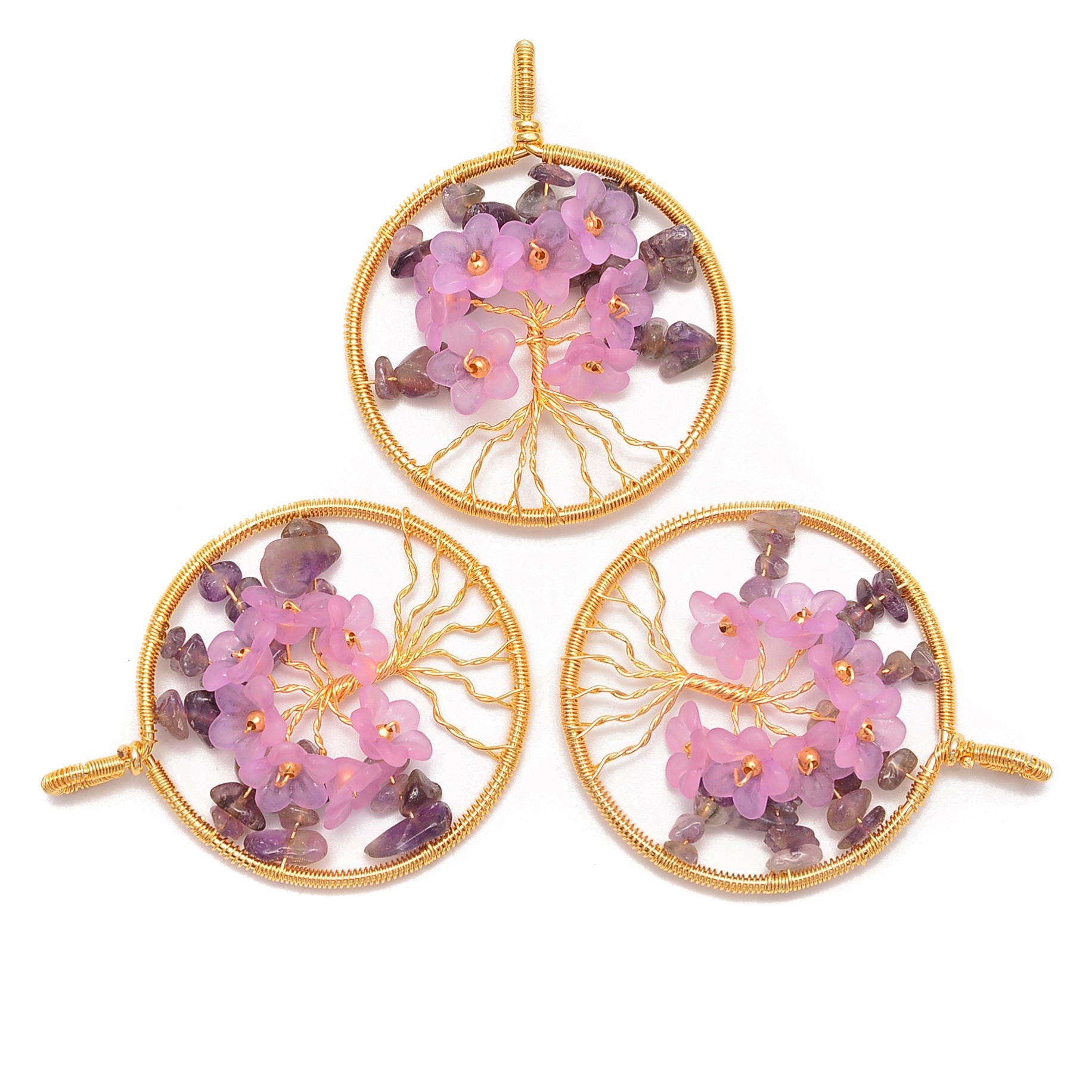 50mm Amethyst Chips Flower Tree of Life Charm Wire Wrap Pendant - Handmade Spiritual Jewelry for Meditation, Yoga & Energy Healing
