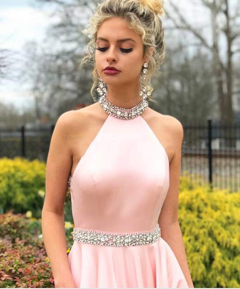 Honeydress Women's Elegant Beaded Halter Neck Prom Dress - Satin Backless Formal Gown for Graduation, Homecoming & Special Occasions
