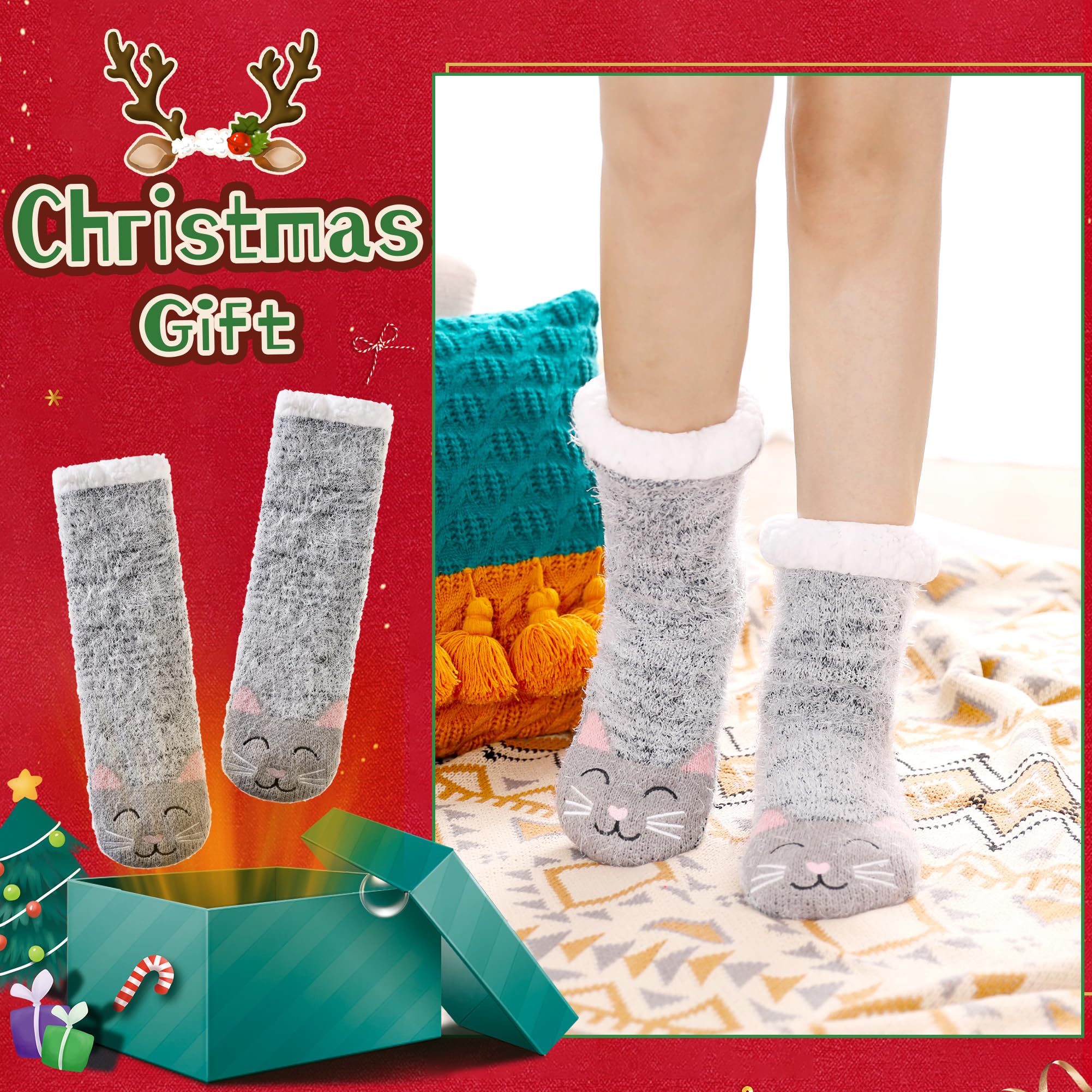 Women's Winter Socks - Warm Knit Anti-Slip Fuzzy Slipper Socks with Cute Animal Designs for Indoor/Outdoor Wear - Perfect for Home, Office & Cold Weather Comfort