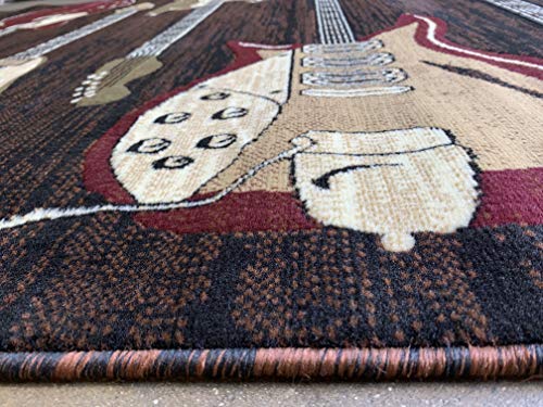 Americana Musical Theme Guitar Area Rug - 8x10.5 Feet Black Burgundy Brown Beige Design for Living Room, Bedroom & Music Studio Decor