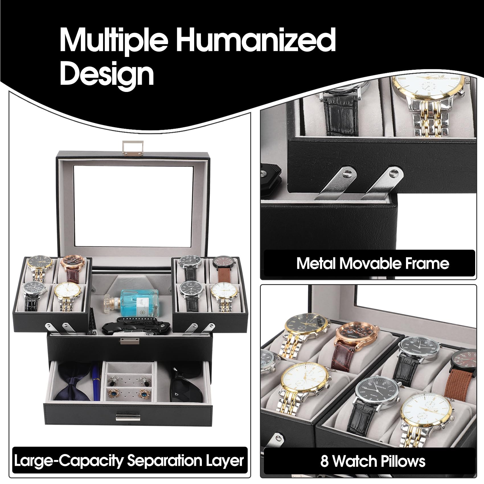 Dajasan 8-Slot Watch Box for Men - 3-Layer PU Leather Watch Display Case with Sunglass Storage Organizer - Perfect for Rings, Jewelry & Gift Giving (Black) - Ideal for Watch Collectors & Travel Storage