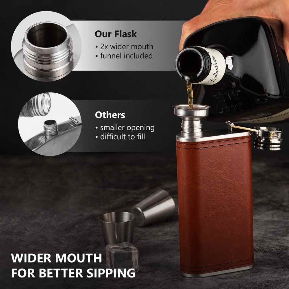 Brown PU Leather 8oz Grip Cap Pocket Flask with Funnel (2-Pack) - Perfect for Bourbon, Whiskey & Outdoor Adventures | Camping, Hiking, Travel & Gifts