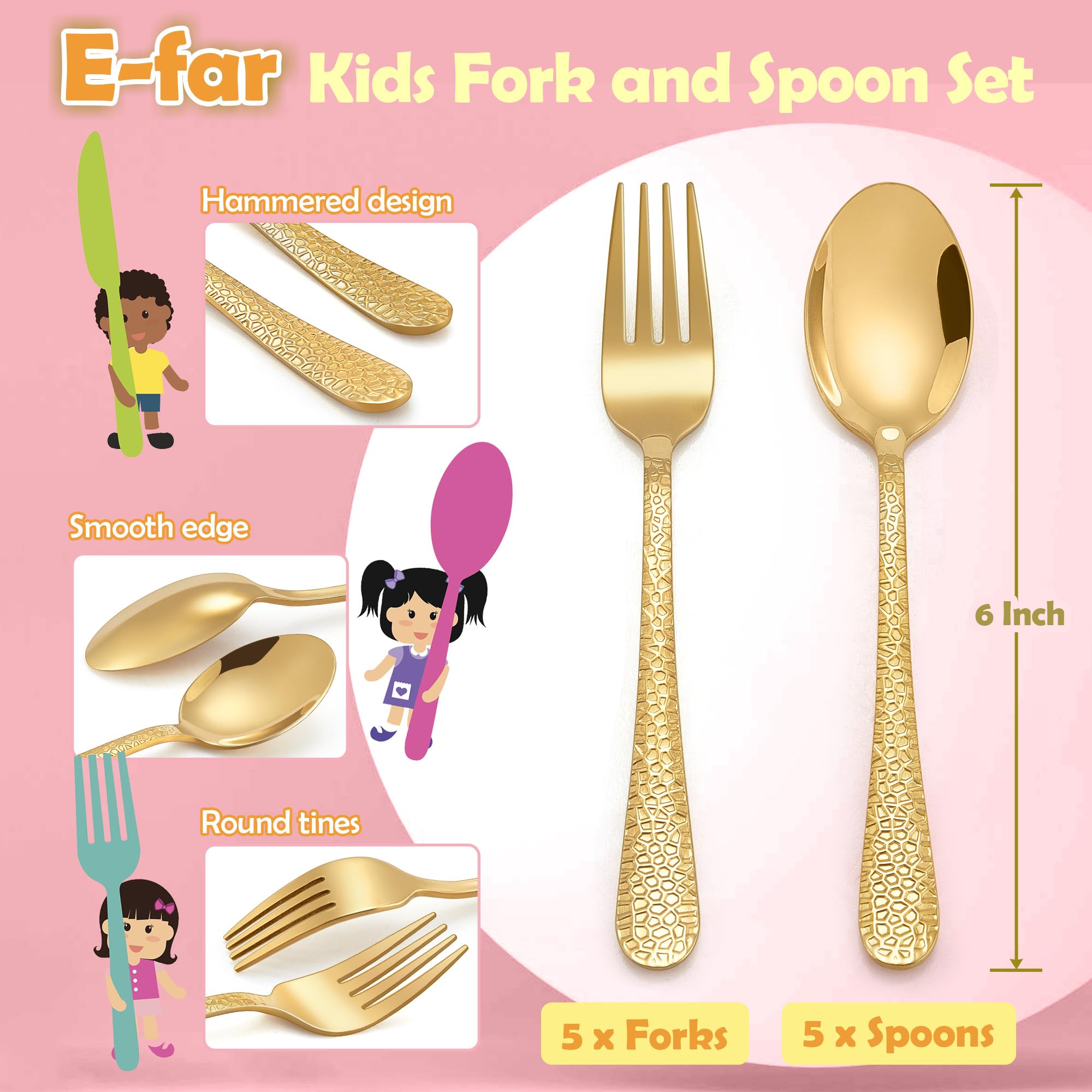 E-far 10-Piece Stainless Steel Toddler Forks and Spoons Set - Safe, Non-Toxic Kids Utensils for Self Feeding - BPA-Free Baby Silverware for Home, Travel & Daycare Use