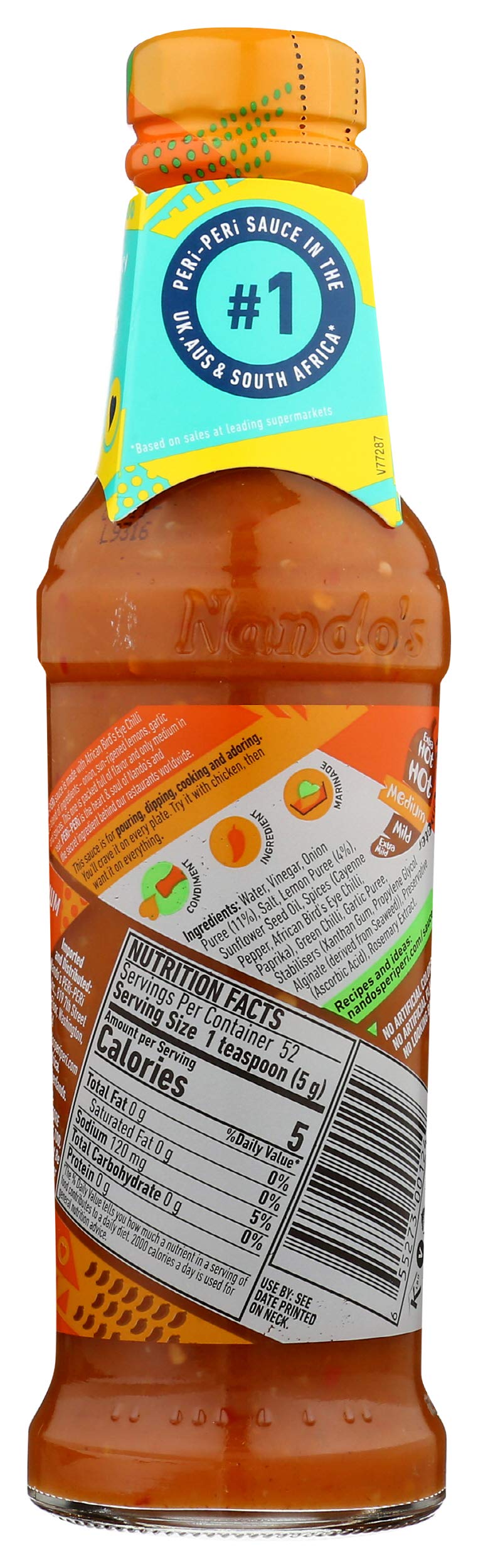 Nandos PERi PERi Medium Sauce - Spicy Hot Sauce for Wings, Fish, Meat, Rice & Vegetables - No Artificial Colors, Non-GMO, Gluten Free, Vegetarian - 9.2 Oz - Perfect for Grilling, BBQ & Meal Prep