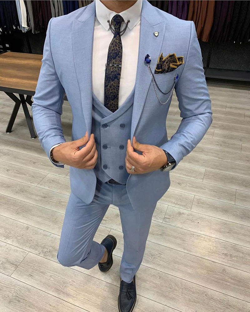Classic Light Blue Men's Suit 3-Piece Set with Peak Lapel - Formal Wedding & Prom Outfit (Jacket, Vest, Pants) | Perfect for Business Events, Cocktail Parties & Special Occasions