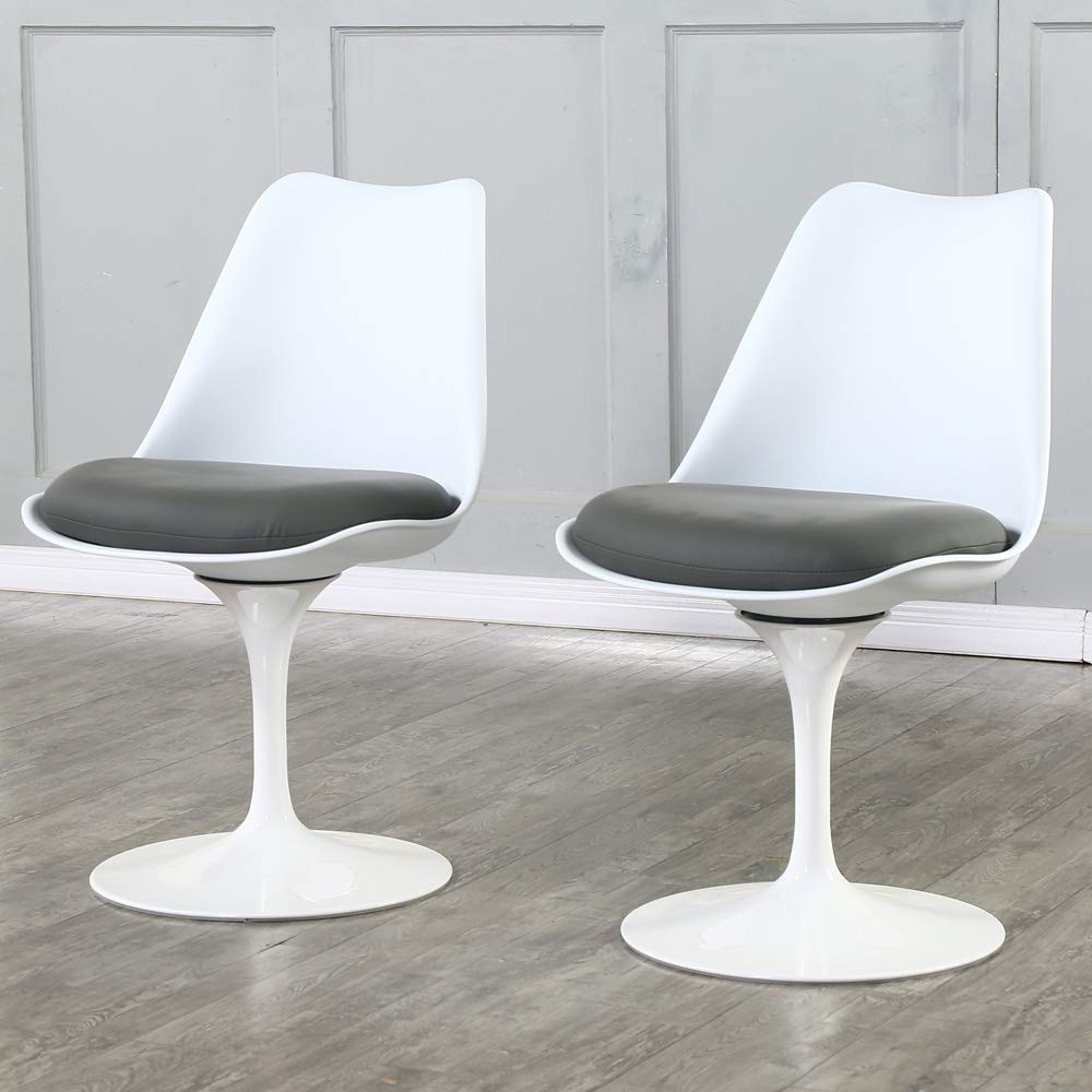 Mid-Century Modern Swivel Dining Chair Set of 2 - White Kitchen Pedestal Chairs with Highclass Grey Upholstery for Dining Room & Breakfast Nook | Comfortable Leisure Chairs for Home Decor & Entertaining