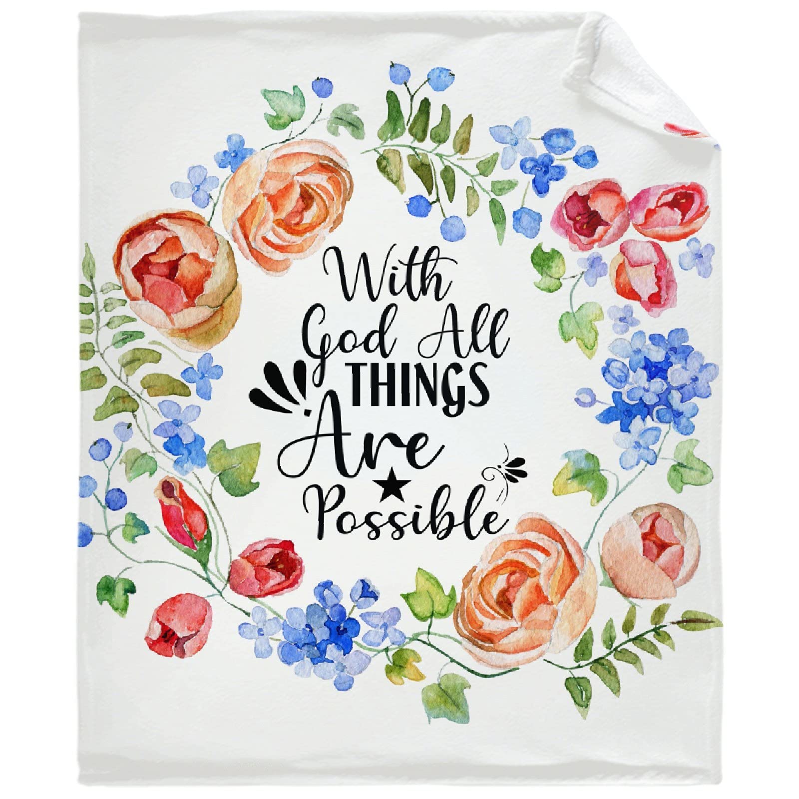 Floral Inspirational Blanket with Bible Verse 'With God All Things Are Possible' - 80x60 Inch Large Microplush Fleece Throw for All Seasons (Fall, Winter, Spring, Summer) - Perfect for Couch, Bed, Sofa, Reading Nook & Cozy Home Decor