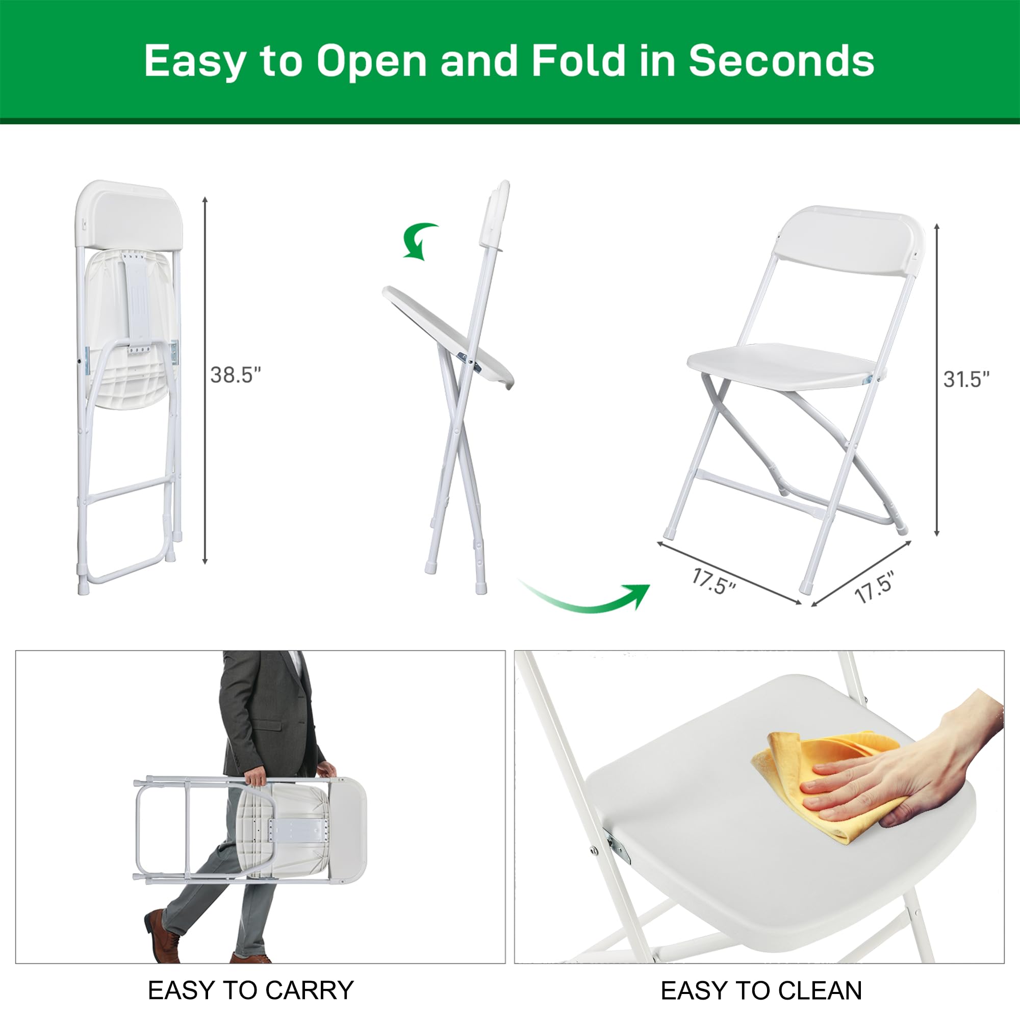 10 Pack White Plastic Folding Chairs - Heavy Duty 350lbs Capacity Stackable Commercial Chairs with Steel Frame | Portable Party Seating for Wedding, Office, Home, Indoor & Outdoor Events | Perfect for Banquets, Picnics, and Backyard Gatherings
