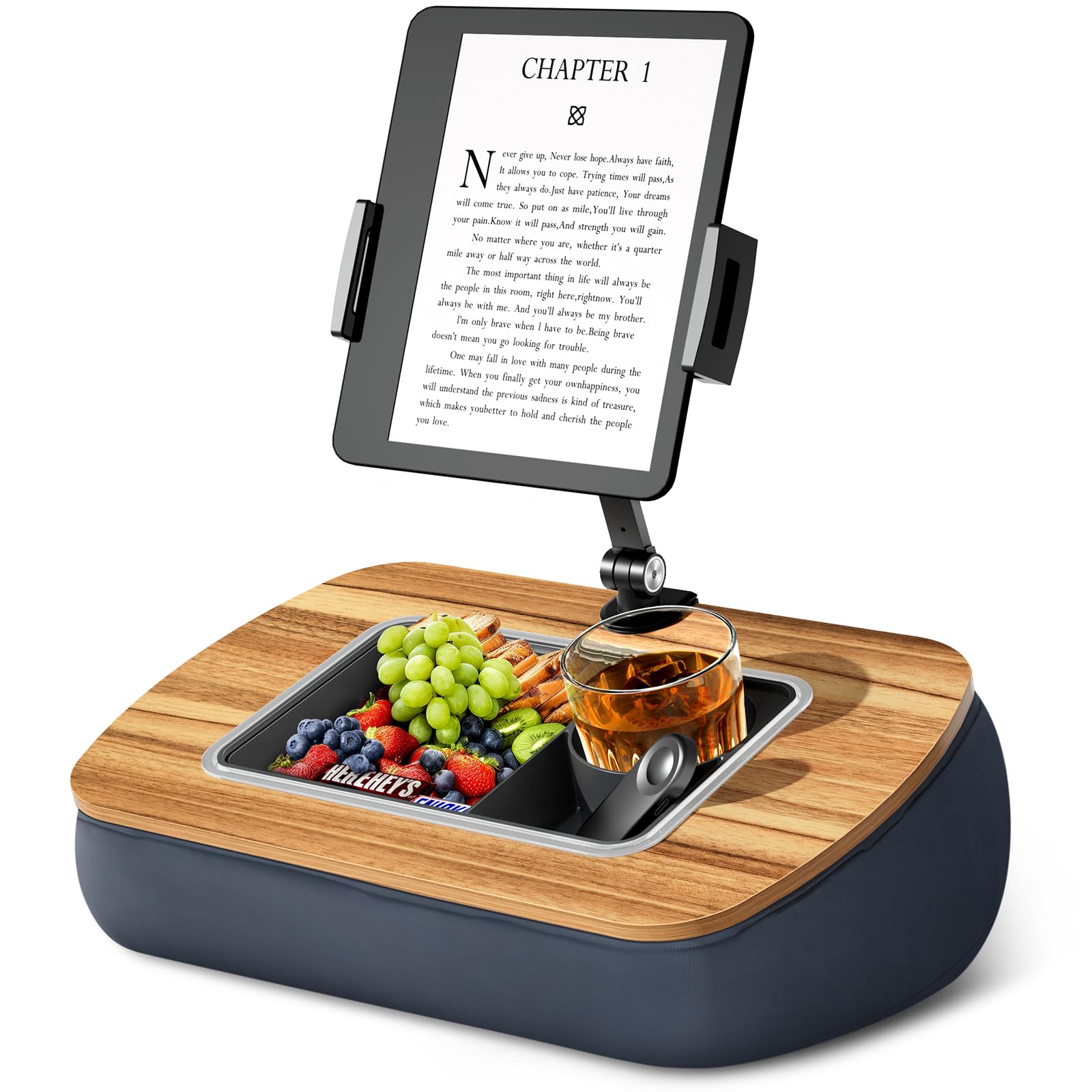Adjustable Lap Beanbag Tablet Stand with 360° Rotating Clip & Snack Bowl - Compatible with iPad, Kindle, and Phones 4.7-13