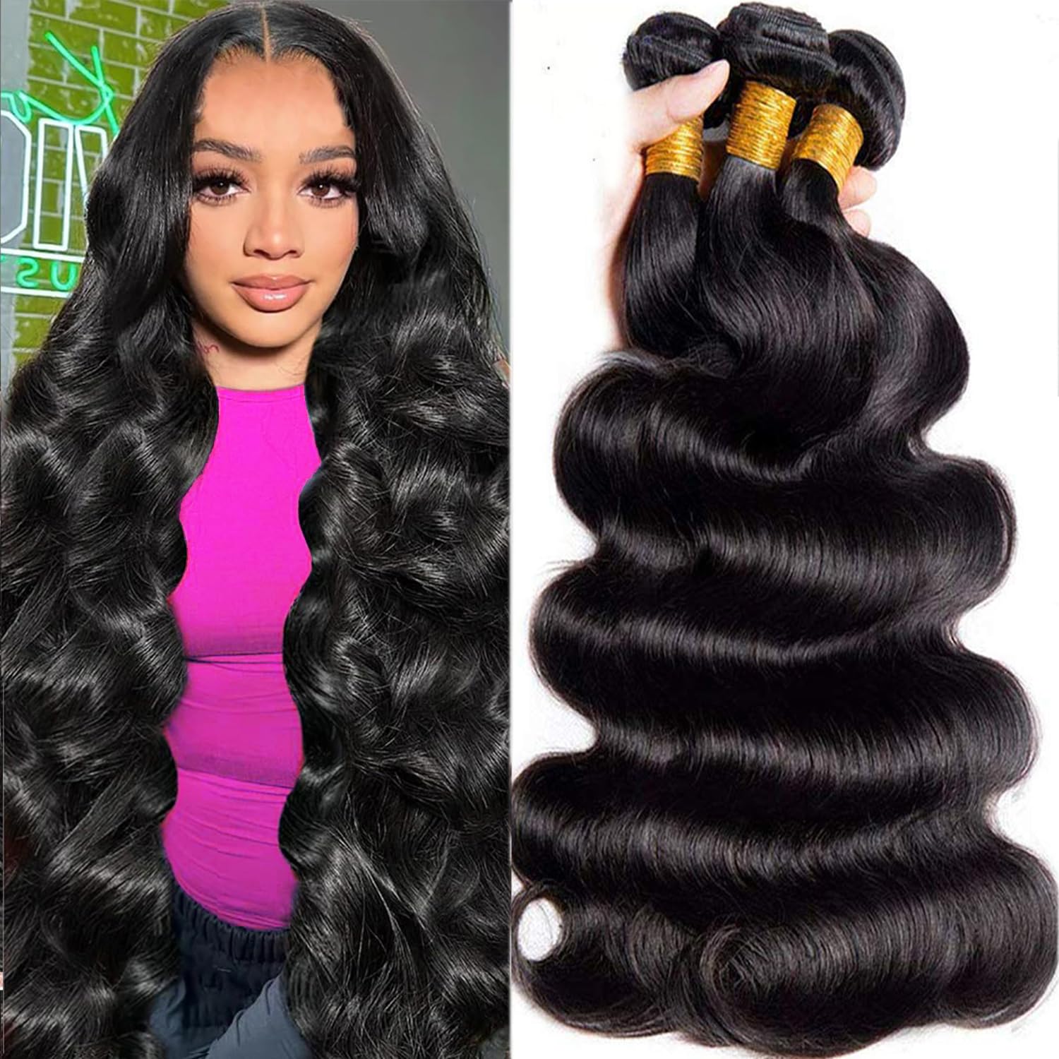 24 26 28 Inch Brazilian Virgin Human Hair Extensions - 100% Unprocessed Body Wave Bundles (3 Pack) 12A Grade Natural Black Double Weft Weave for Length & Volume - Perfect for Salon Styling, Everyday Wear & Special Occasions
