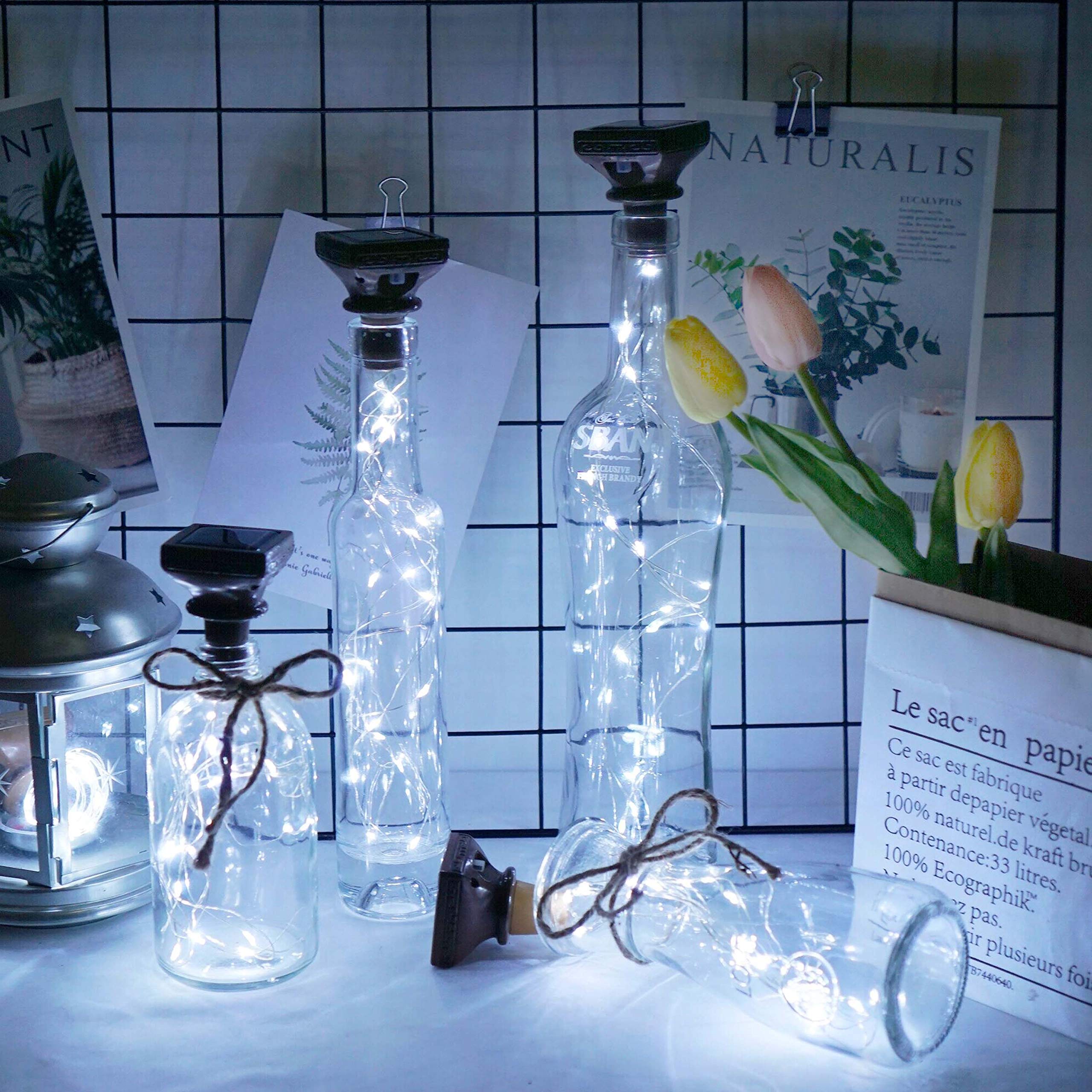 Solar Powered Wine Bottle Lights with Cork - 6 Pack 20 LED Cork Shape Silver Copper Wire Fairy String Lights for DIY, Party, Christmas, Wedding, Home, Garden, Bar Decor (Cool White) - Perfect for Romantic Dinners, Outdoor Gatherings & Holiday Celebrations