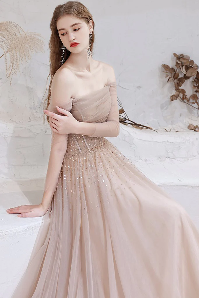 Elegant Off Shoulder A-Line Tulle Prom Dress with Sequins - Long Sleeve Formal Evening Gown 306 for Homecoming, Wedding, and Special Occasions