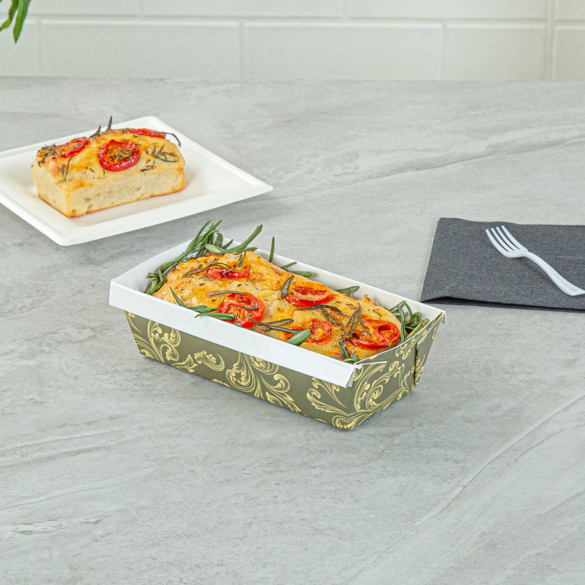 Bake Tek 13 oz Dark Green Vintage Floral Paper Loaf Pans - Greaseproof Baking Cups (7x3.25x2 Inches) - 100 Count Bulk Box - Perfect for Cupcakes, Muffins & Party Desserts
