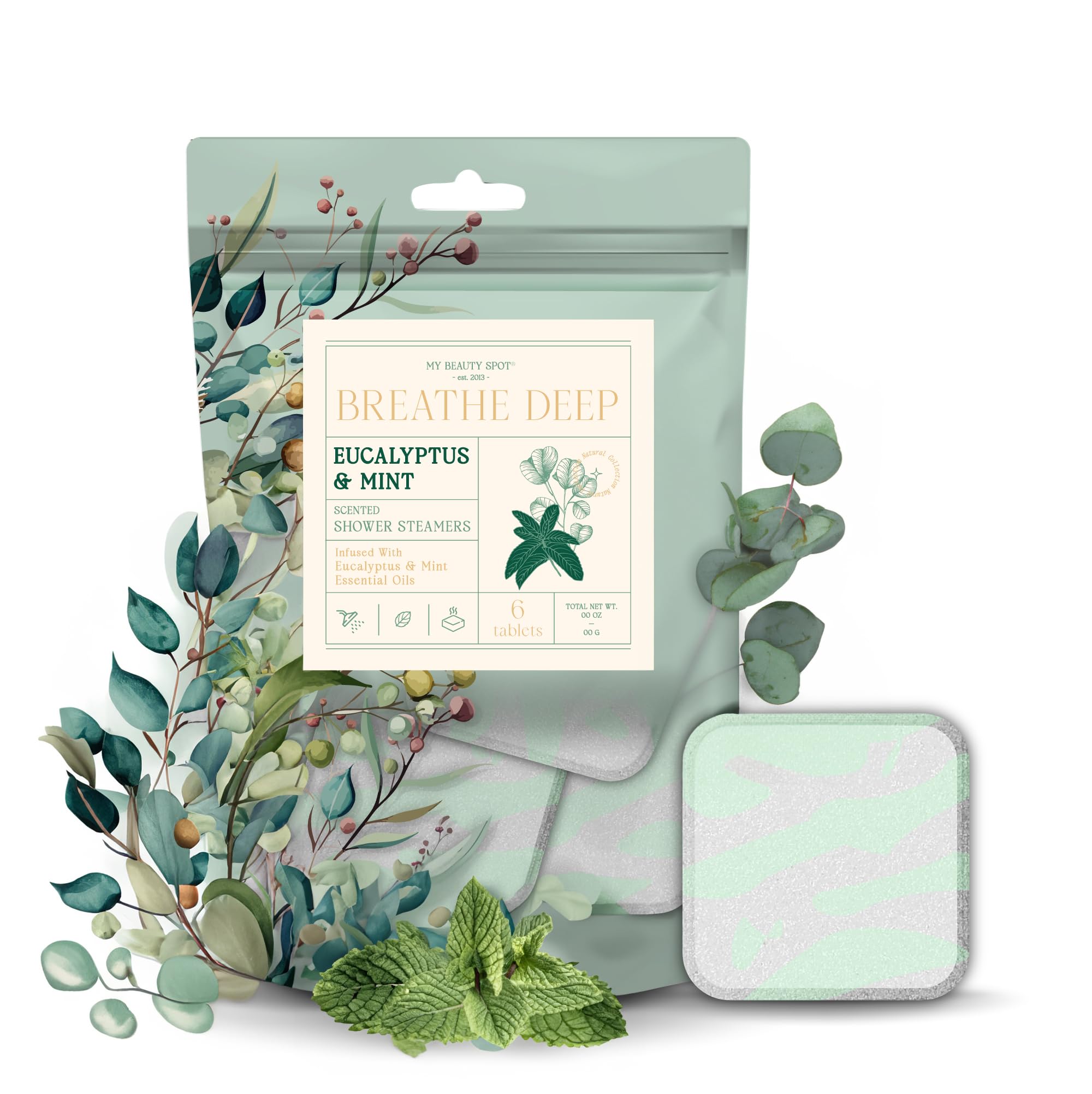 My Beauty Spot Aromatherapy Shower Steamers - 6pcs Eucalyptus, Mint, Lavender, Jasmine & Rose Essential Oil Shower Tablets for Relaxation, Stress Relief & Spa-Like Experience at Home